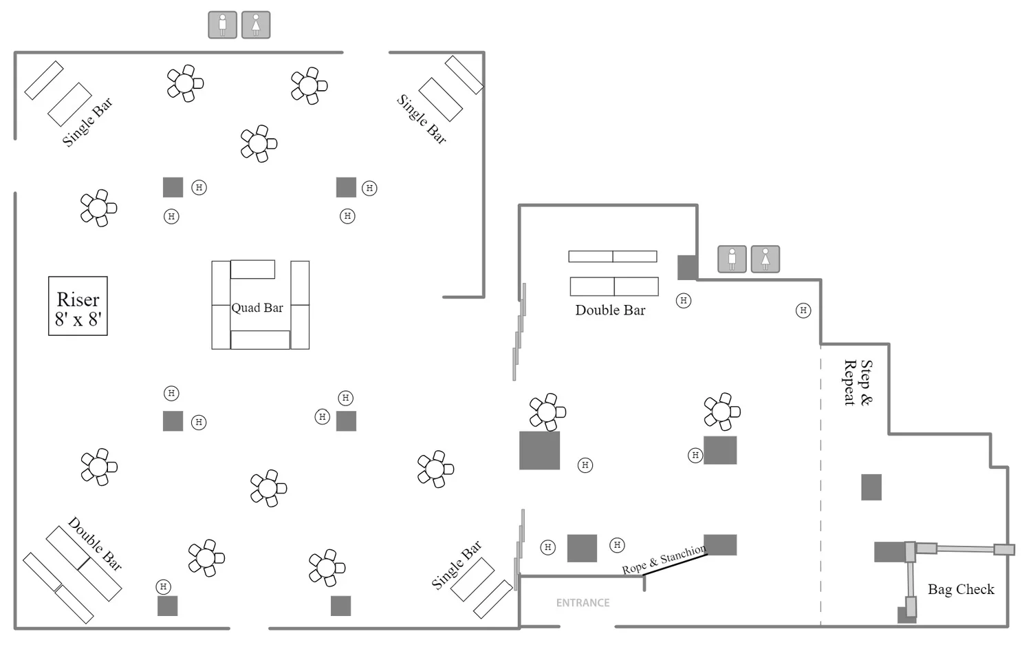 Reception with no Dance Floor - up to 900 Guests Floor Plan
