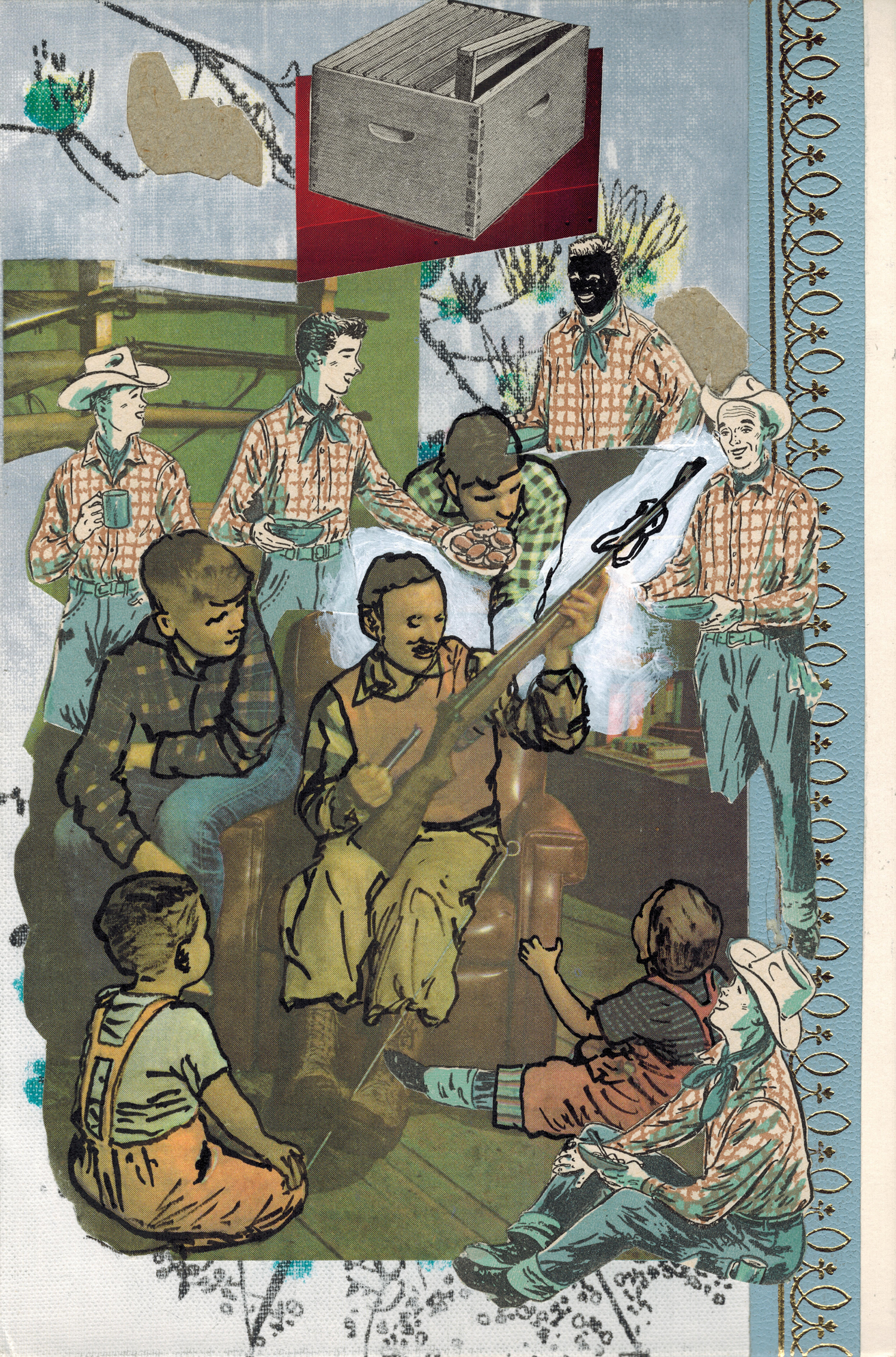  “Land of the Free - 21”  mixed media collage on book cover, h 7 3/4” x w 5”, 2016   