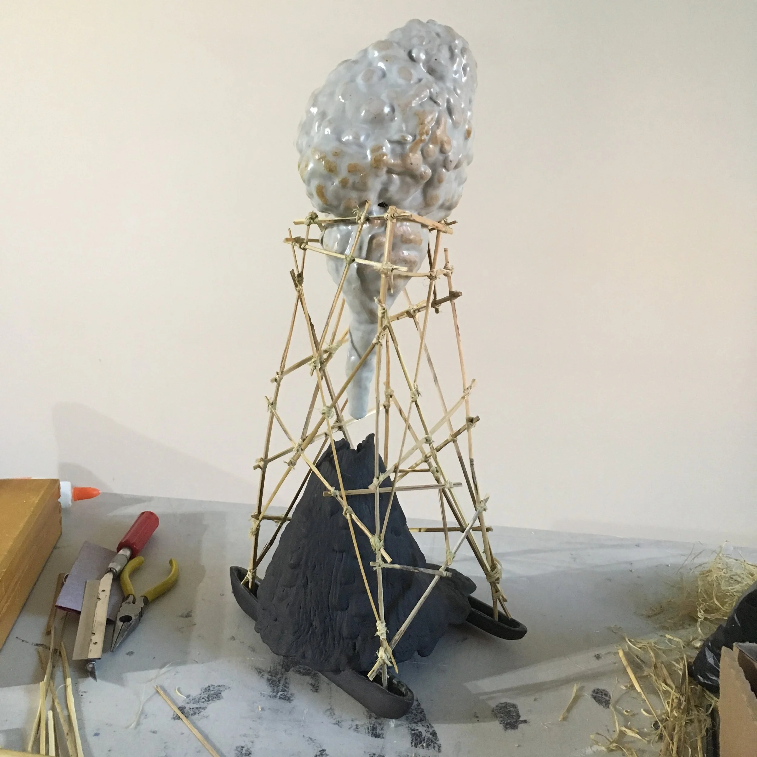  “Volcano Canoe” white stoneware, bamboo, grass, 2018 