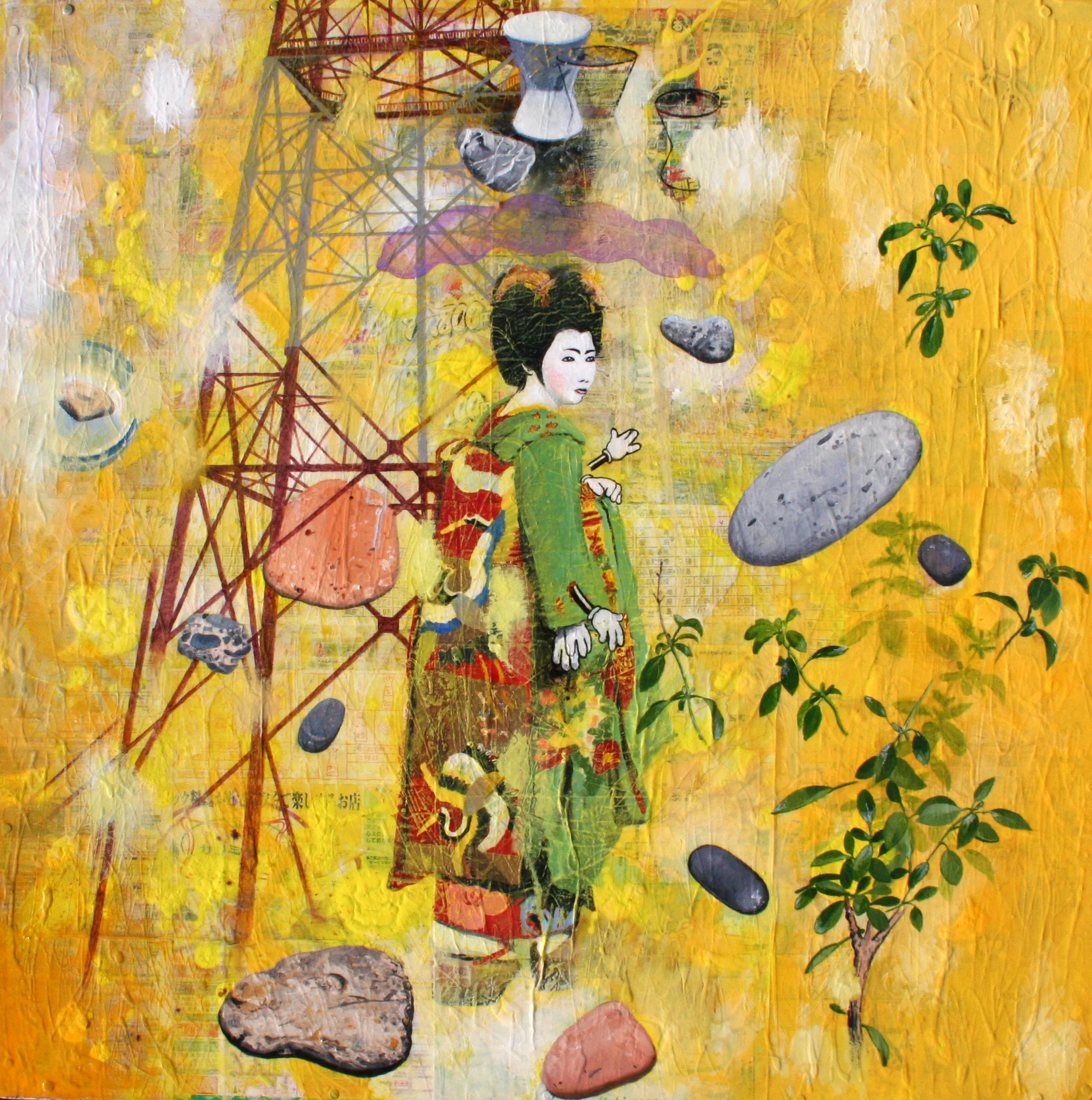  “Electric Geisha” oil, acrylic &amp; collage on masonite, h 24” x w 24”, 2006 