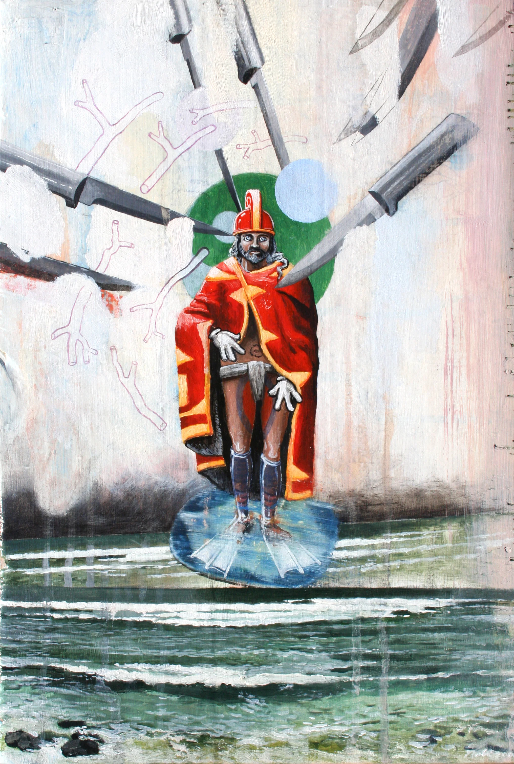  “Kamehameha Forgot His Snorkle” oil, acrylic &amp; collage on wood, h 16” x w 11”, 2006 