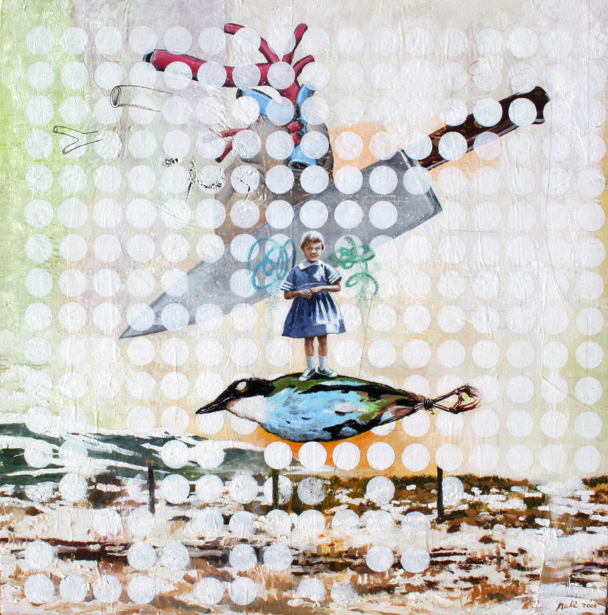  “Severance Pay” oil, acrylic &amp; collage on wood, h 18.25” x w 18”, 2006 