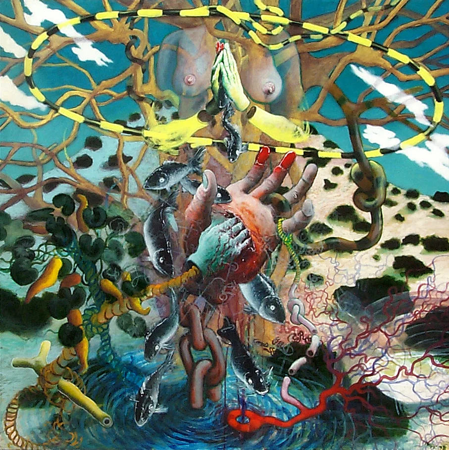  “Reflections on Gardening &amp; Armageddon” acrylic on canvas, h 48” x w 48”, 1998 