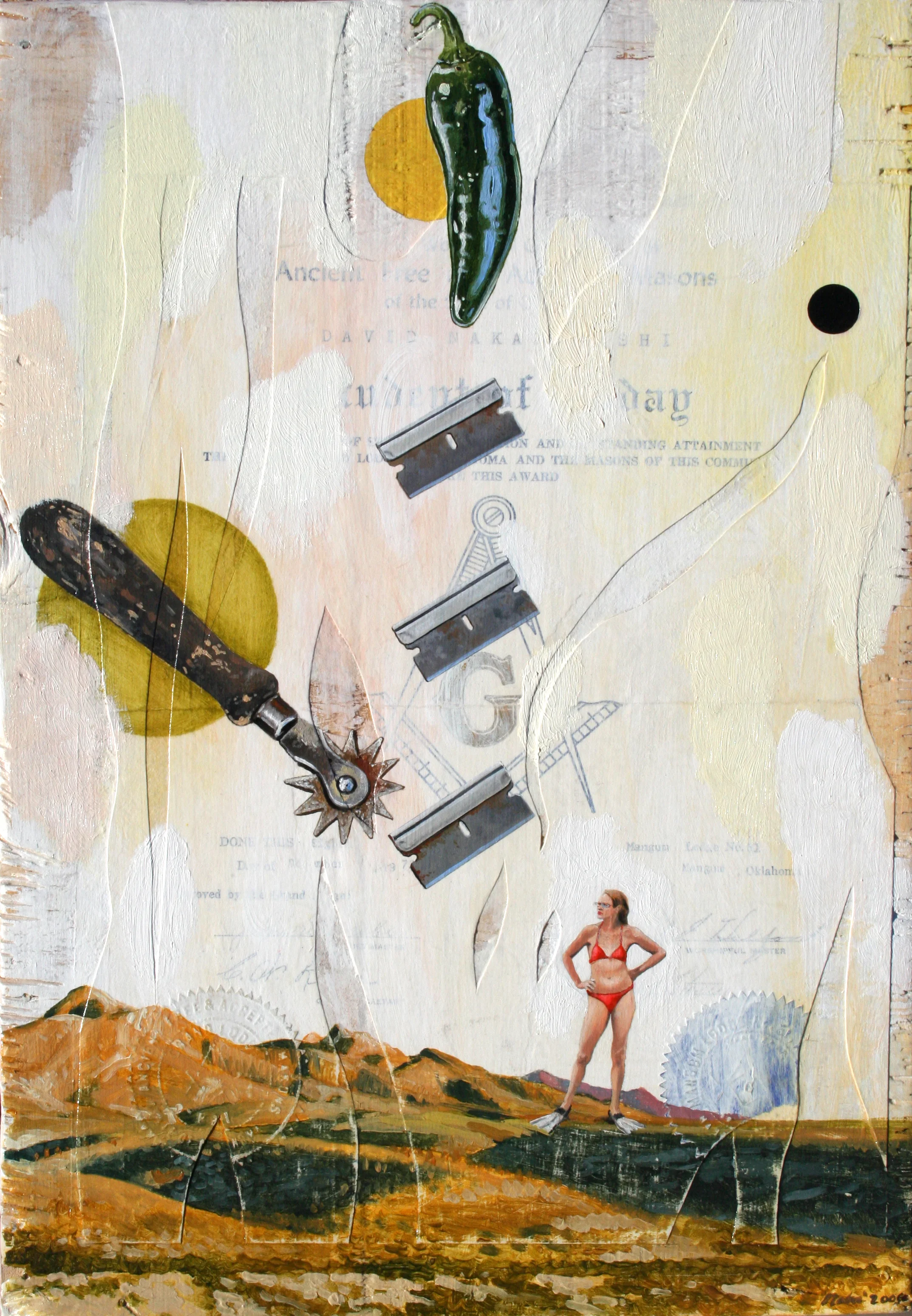  “I’d Rather Be Swimming” oil, acrylic &amp; collage on wood, h 16” x w 11”, 2006 