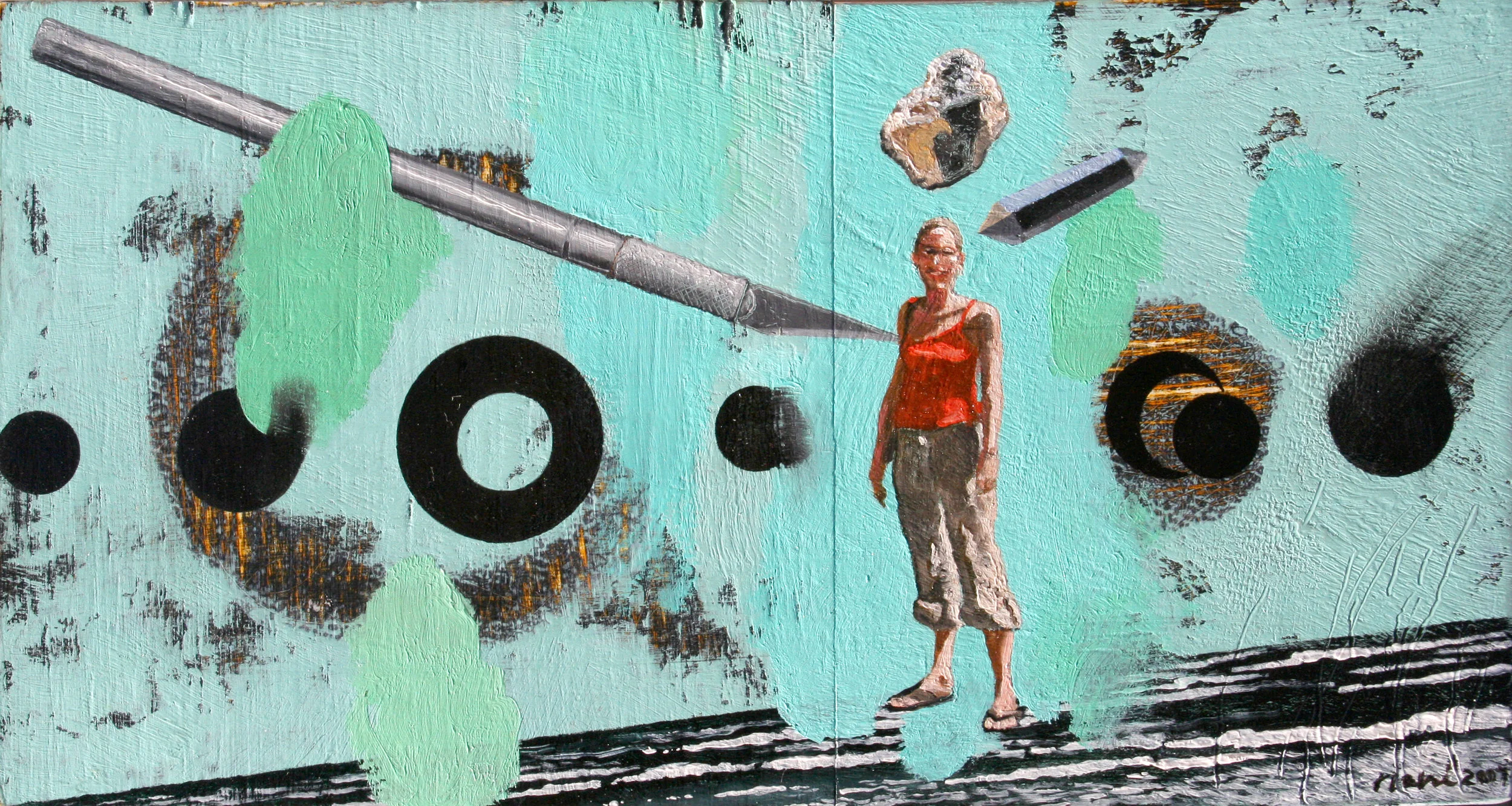  “Sweetie Pie” oil, acrylic &amp; collage on wood, h 4.75” x w 9”, 2006 