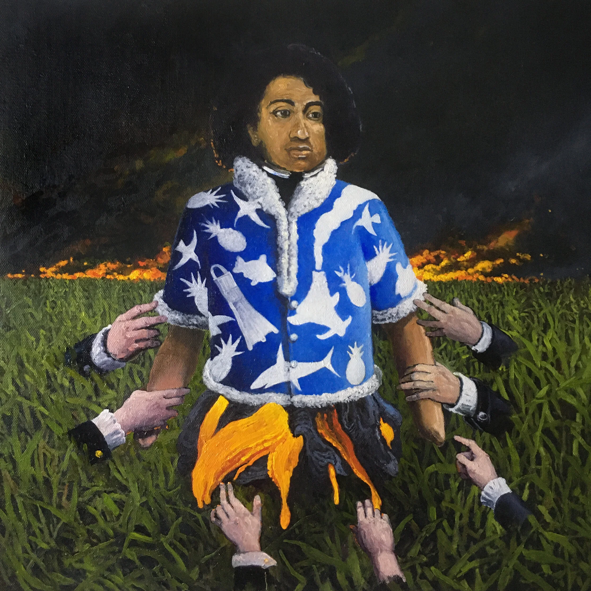  “Kamehameha Lost His Hands” oil on canvas, h 18” x w 18”, 2018 