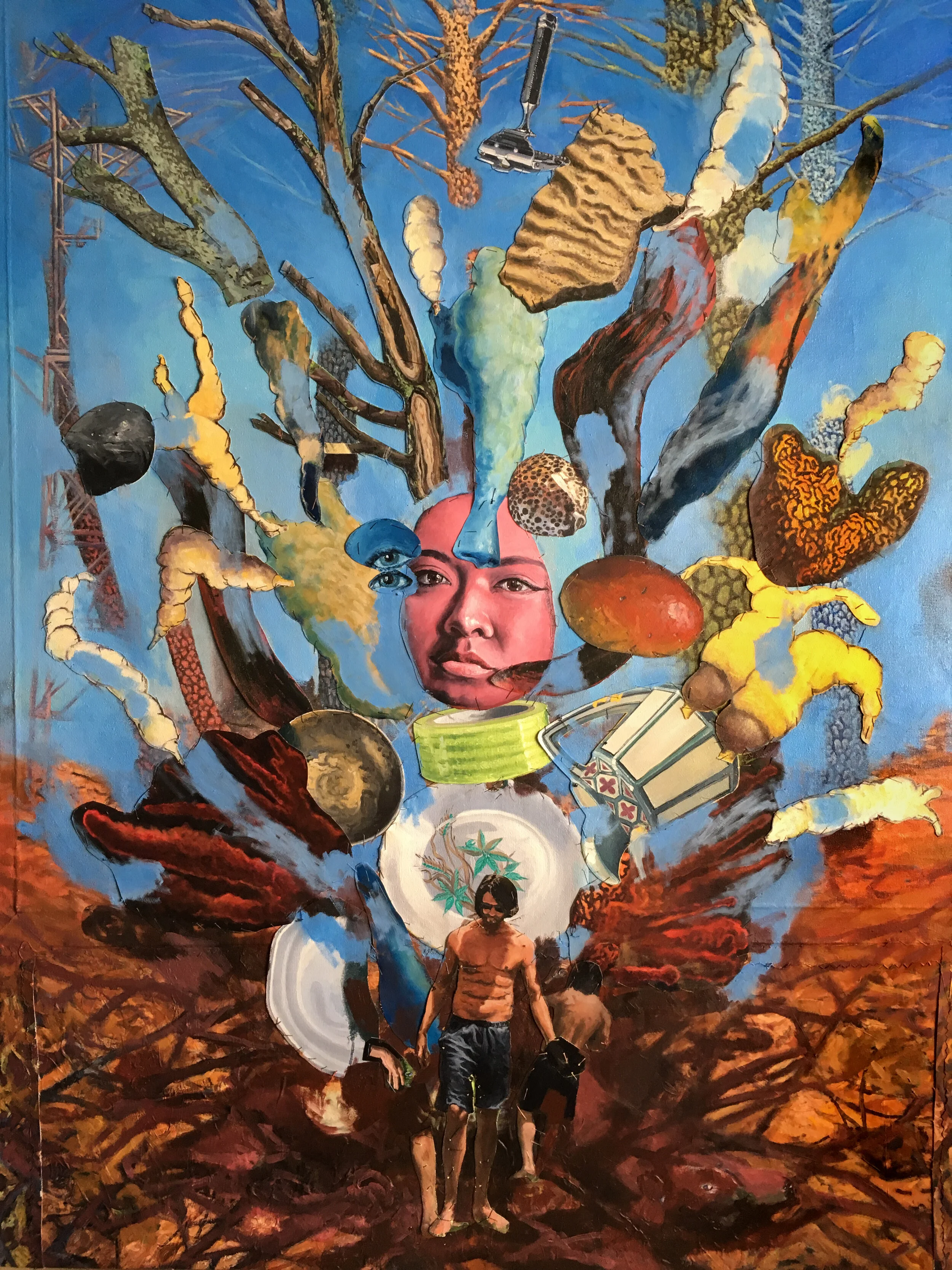  “Airstrike - 15” oil on canvas, collage, h 51” x w 38”, 2018 ©  David Nakabayashi - Artist  