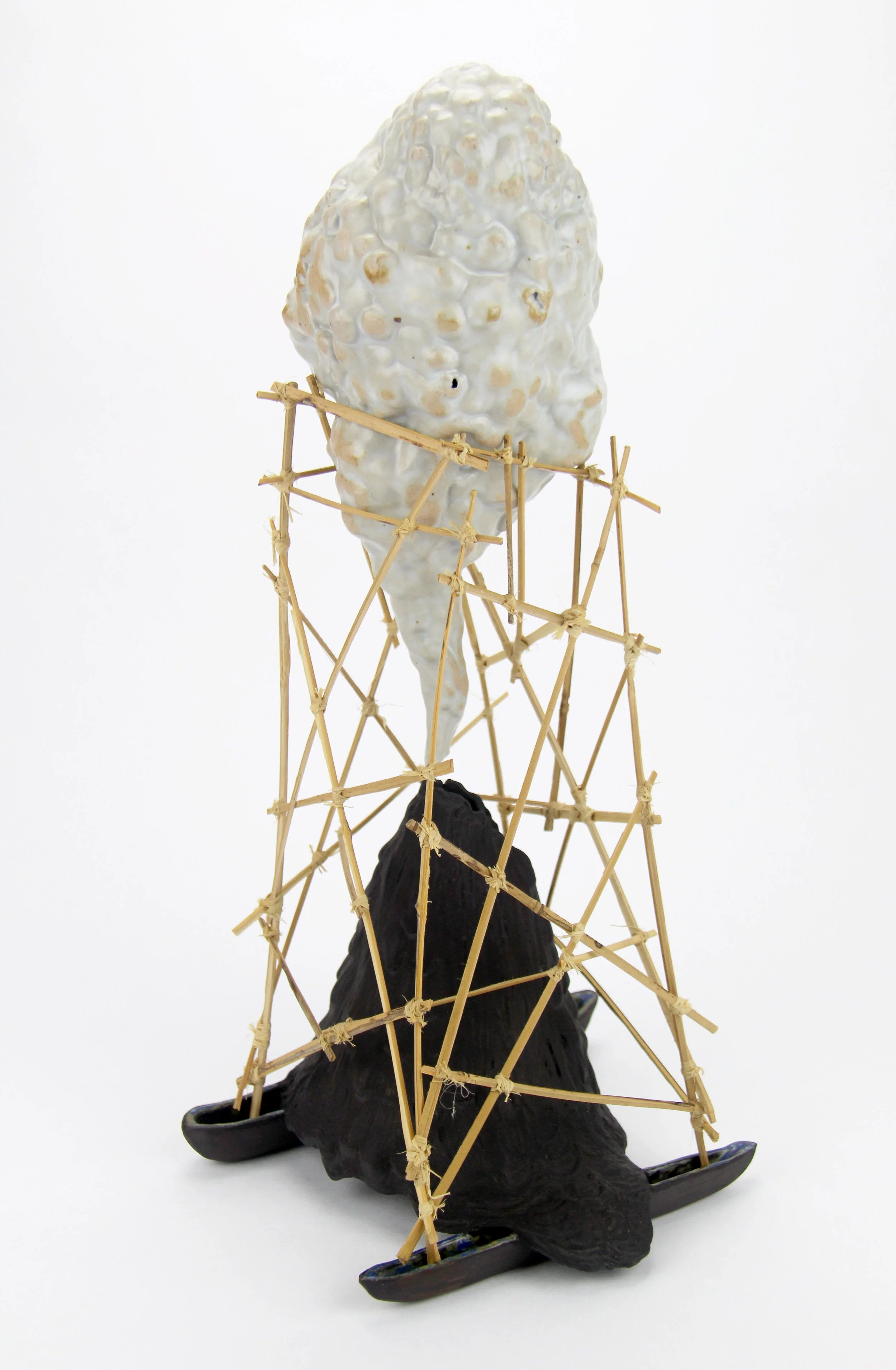  “Volcano Canoe” white stoneware, bamboo, grass, 2018 