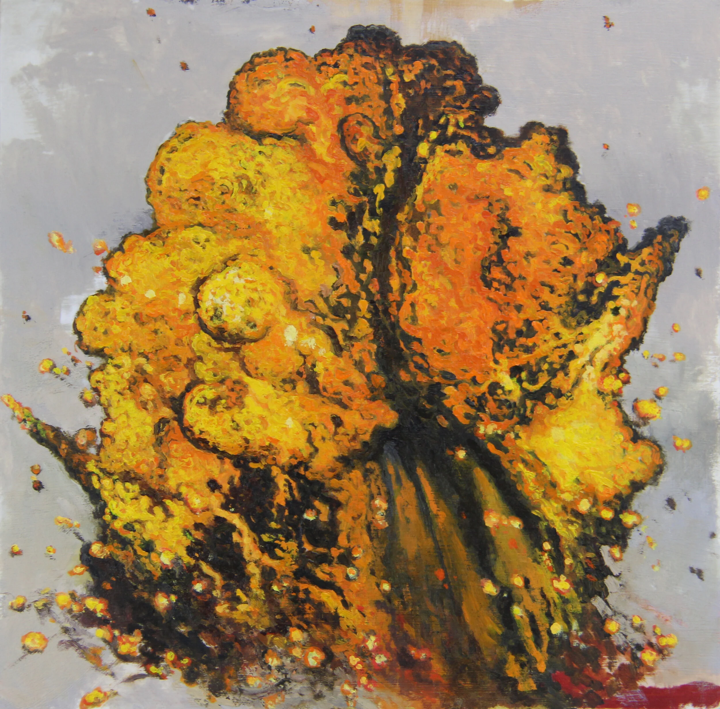  “Airstrike - 35” oil, collage &amp; acrylic on recycled wood, h 9 3/4” x w 9 1/2”, 2018 