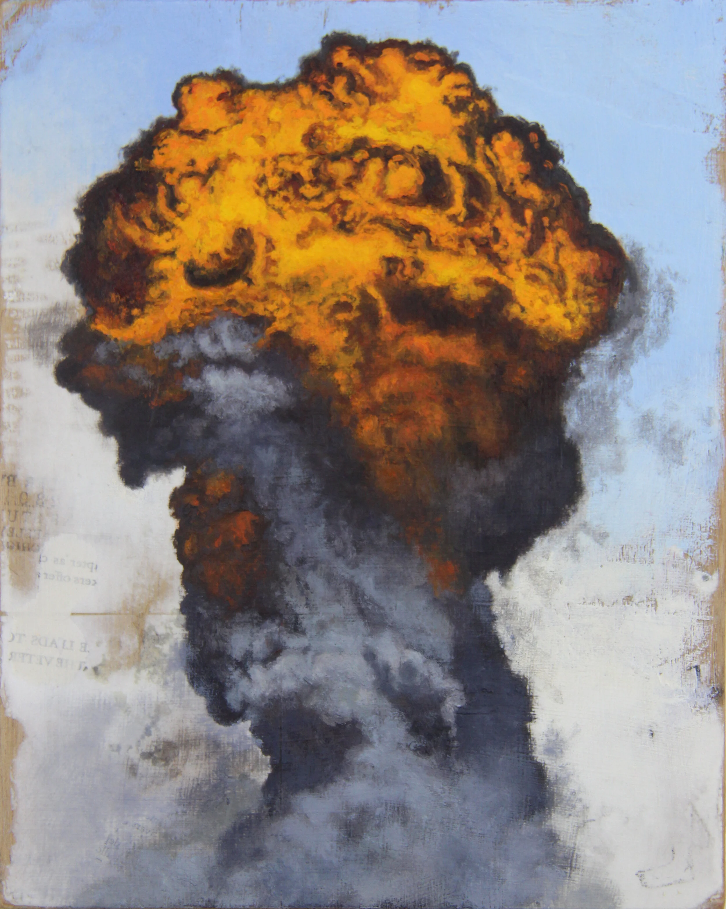  “Airstrike - 38” oil, collage &amp; acrylic on recycled wood, h 10 5/8” x w 8 1/2”, 2020 