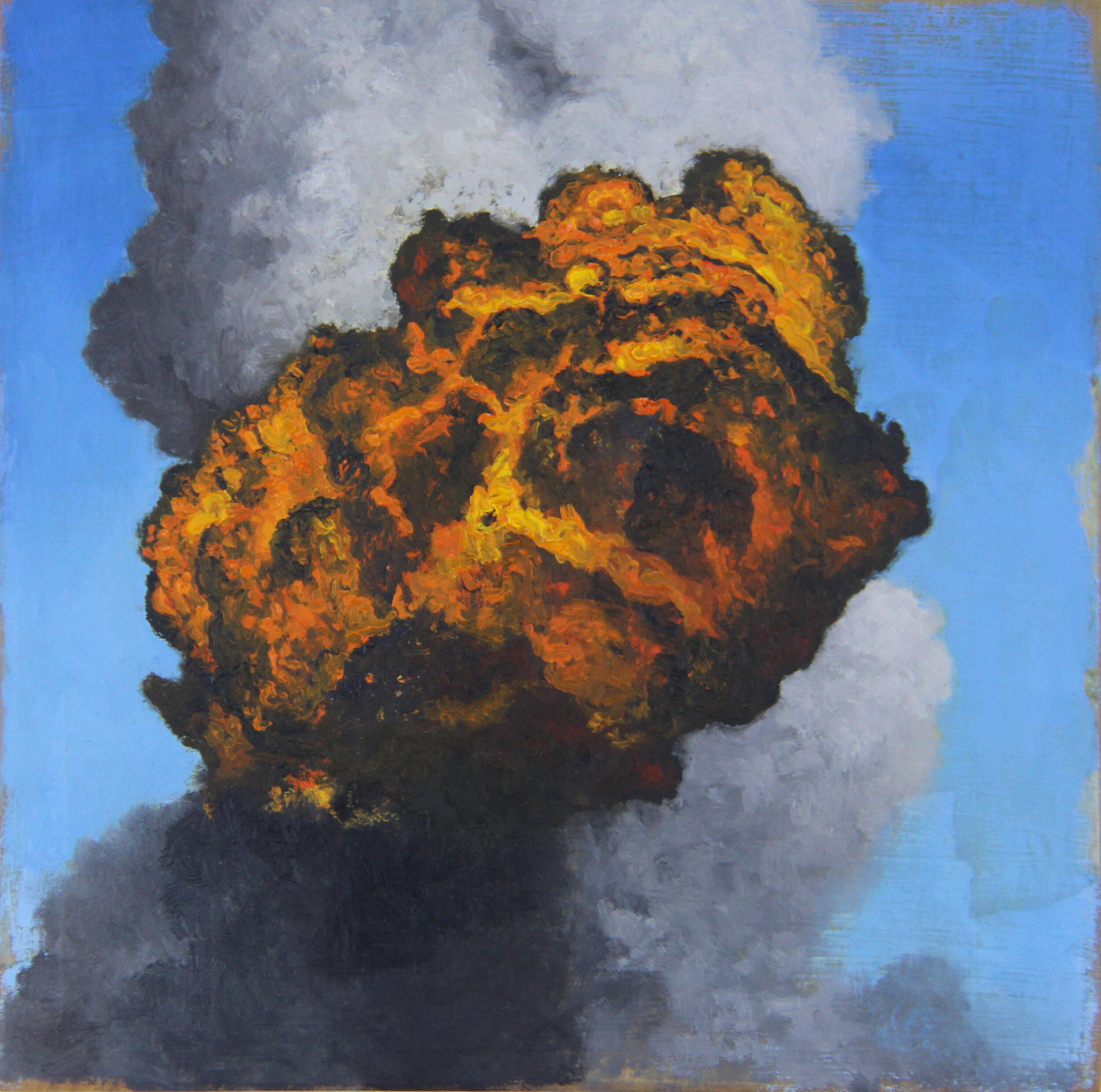  “Airstrike - 45” oil, collage &amp; acrylic on recycled wood, h 6 5/8” x w 6 5/8”, 2020 