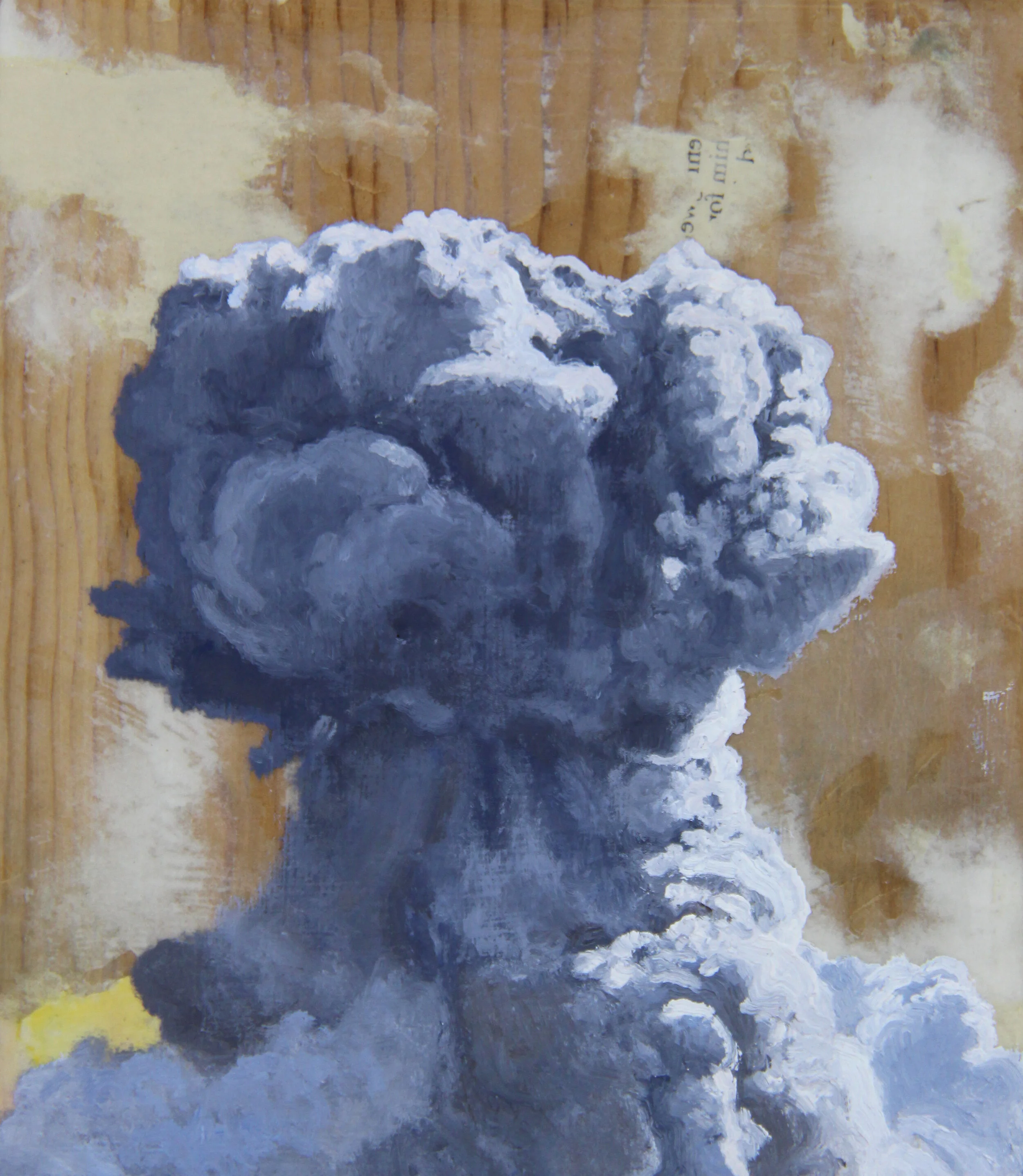  “Airstrike - 46” oil, collage &amp; acrylic on recycled wood, h 6 3/4” x w 5 7/8”, 2020 