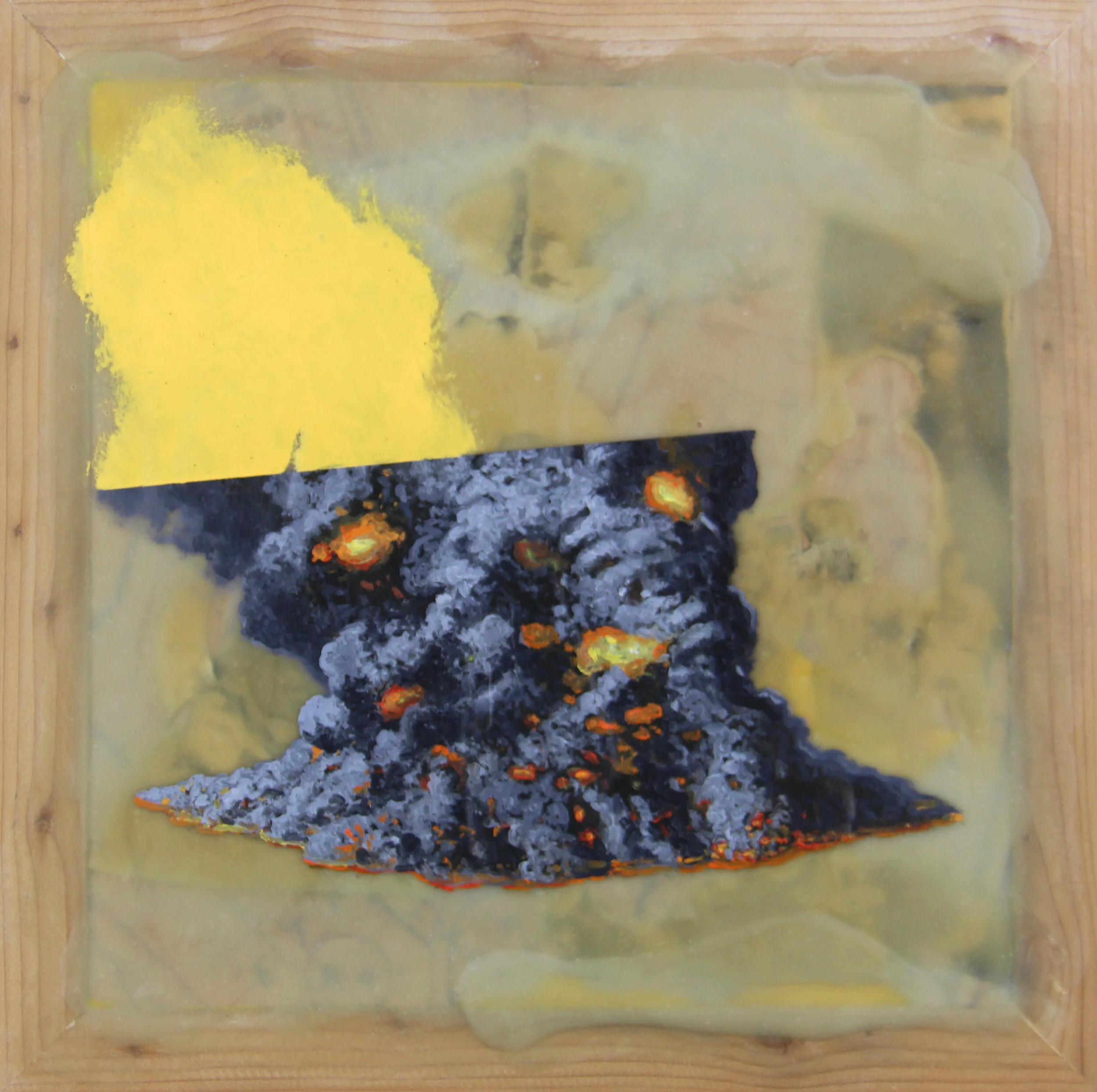  “Airstrike - 05” oil, collage &amp; acrylic on recycled wood, h 9” x w 9”, 2016 
