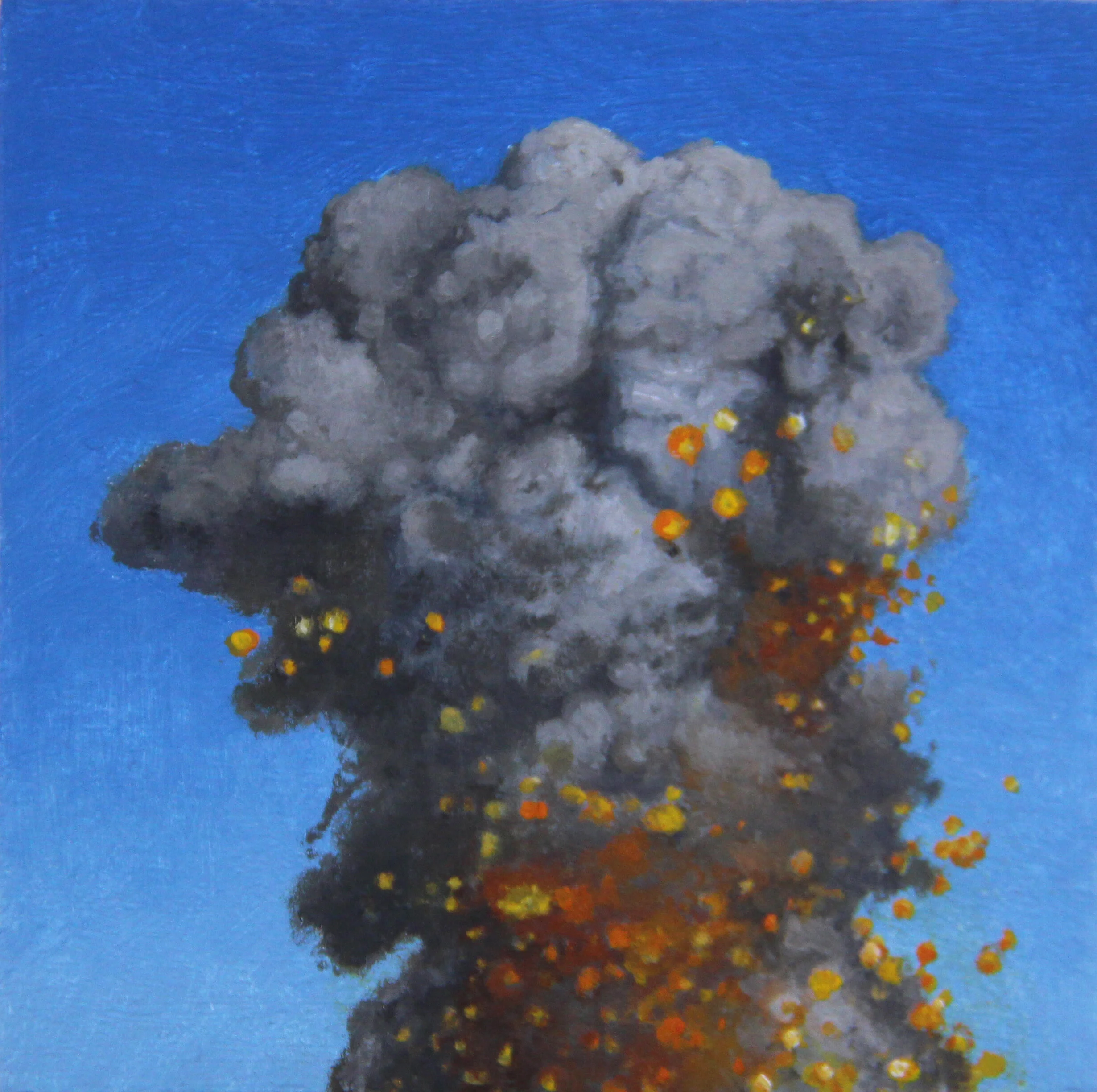  “Airstrike - 42” oil, collage &amp; acrylic on recycled wood, h 4” x w 4”, 2020 