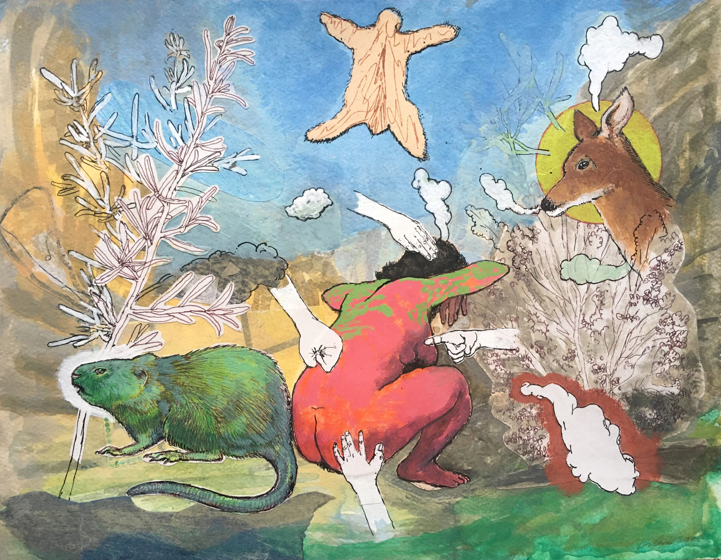  “Muskrat and Deer” mixed media collage, h 9” x w 11 1/2”, 2020 