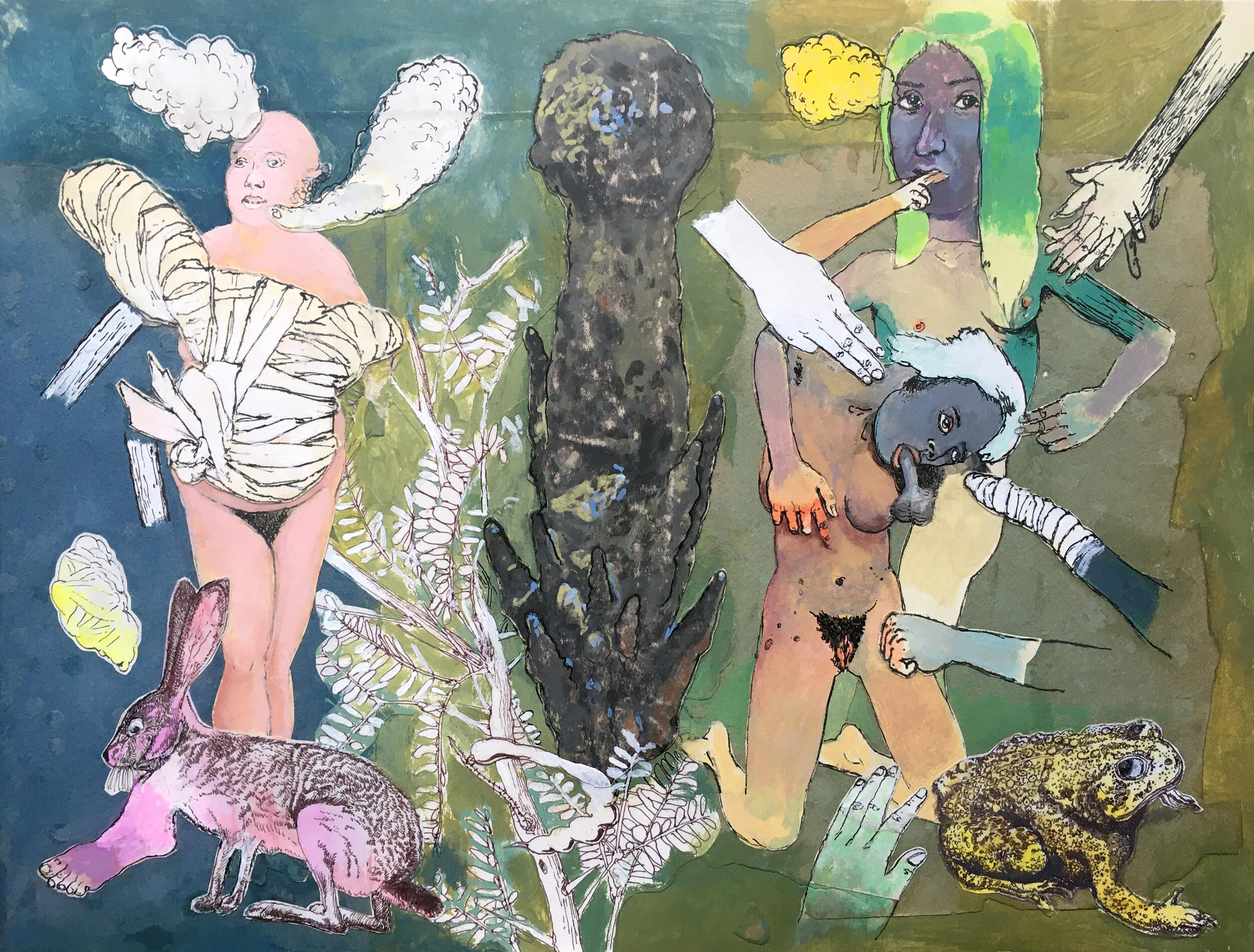  “Rabbit and Toad” mixed media collage, h 11” x w 14 7/8”, 2020 