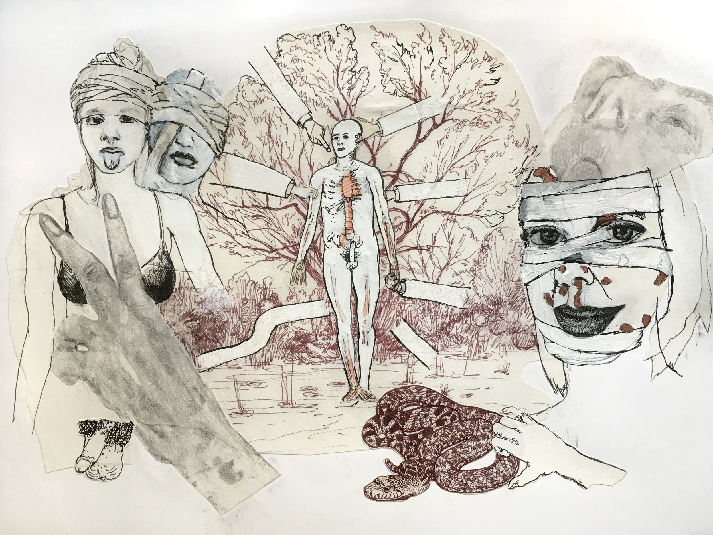  “Head Trauma” mixed media collage, h 9” x w 12”, 2020 