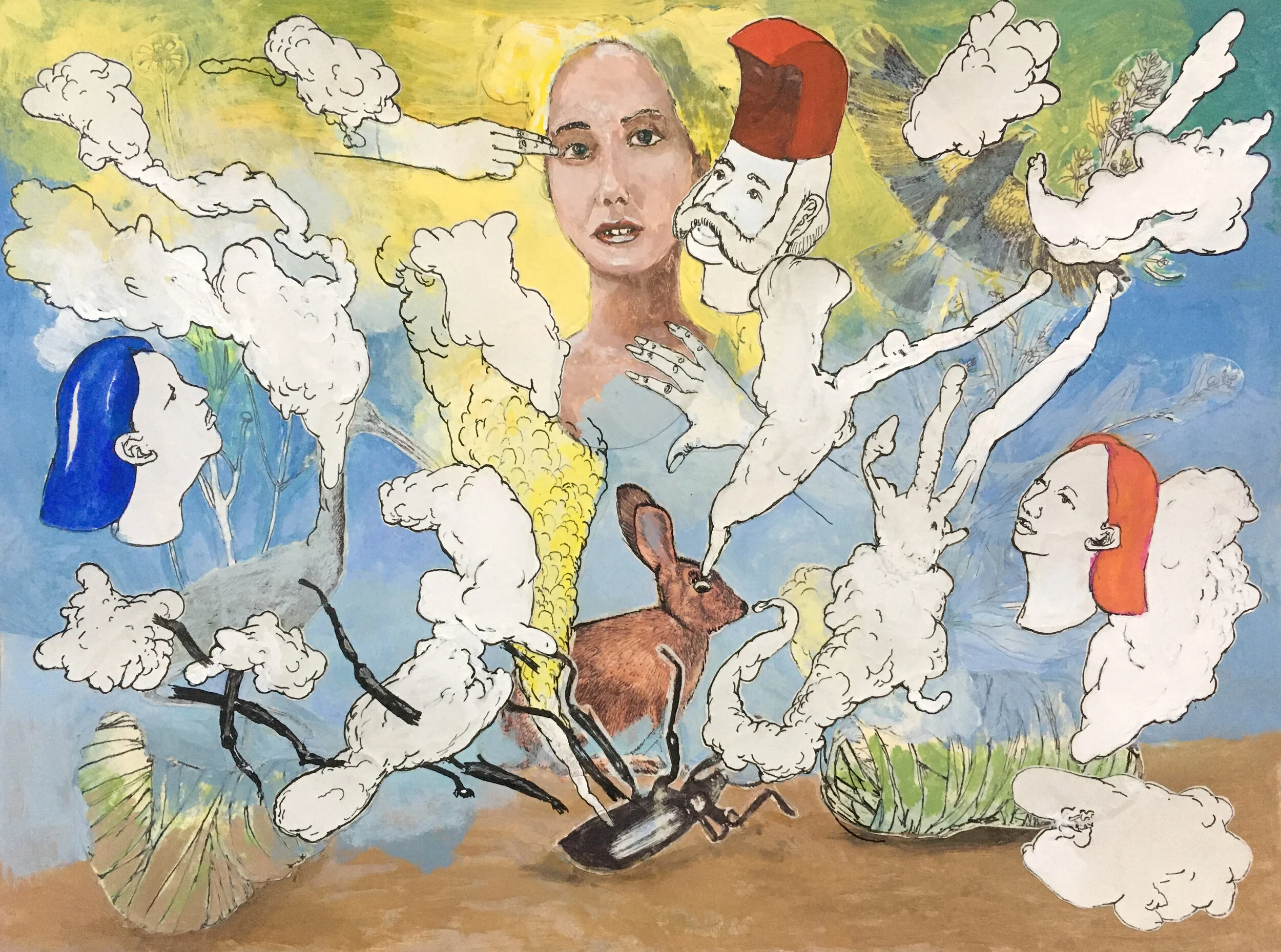  “Rabbit and Beetle” mixed media collage, h 11” x w 14 7/8”, 2020 