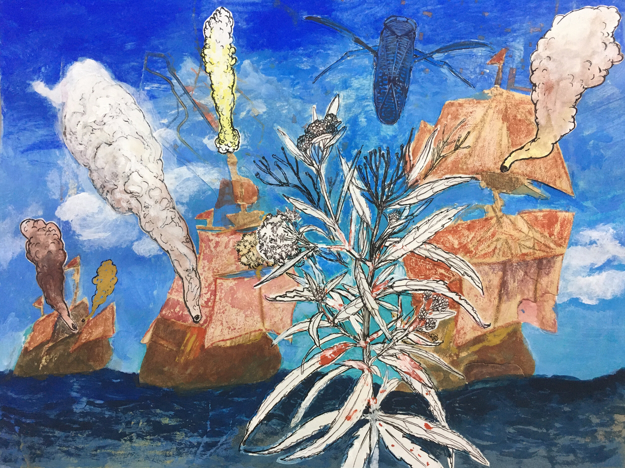  “Flotilla” mixed media collage, h 9 5/8” x w 12 3/4”, 2020 