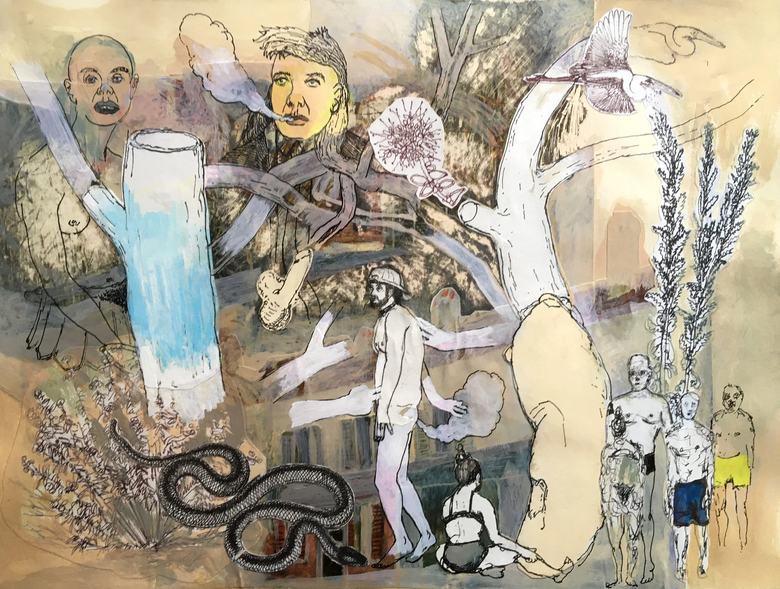  “Heron and Snake” ink, gouache &amp; collage on paper, h 9” x w 12”, 2020 