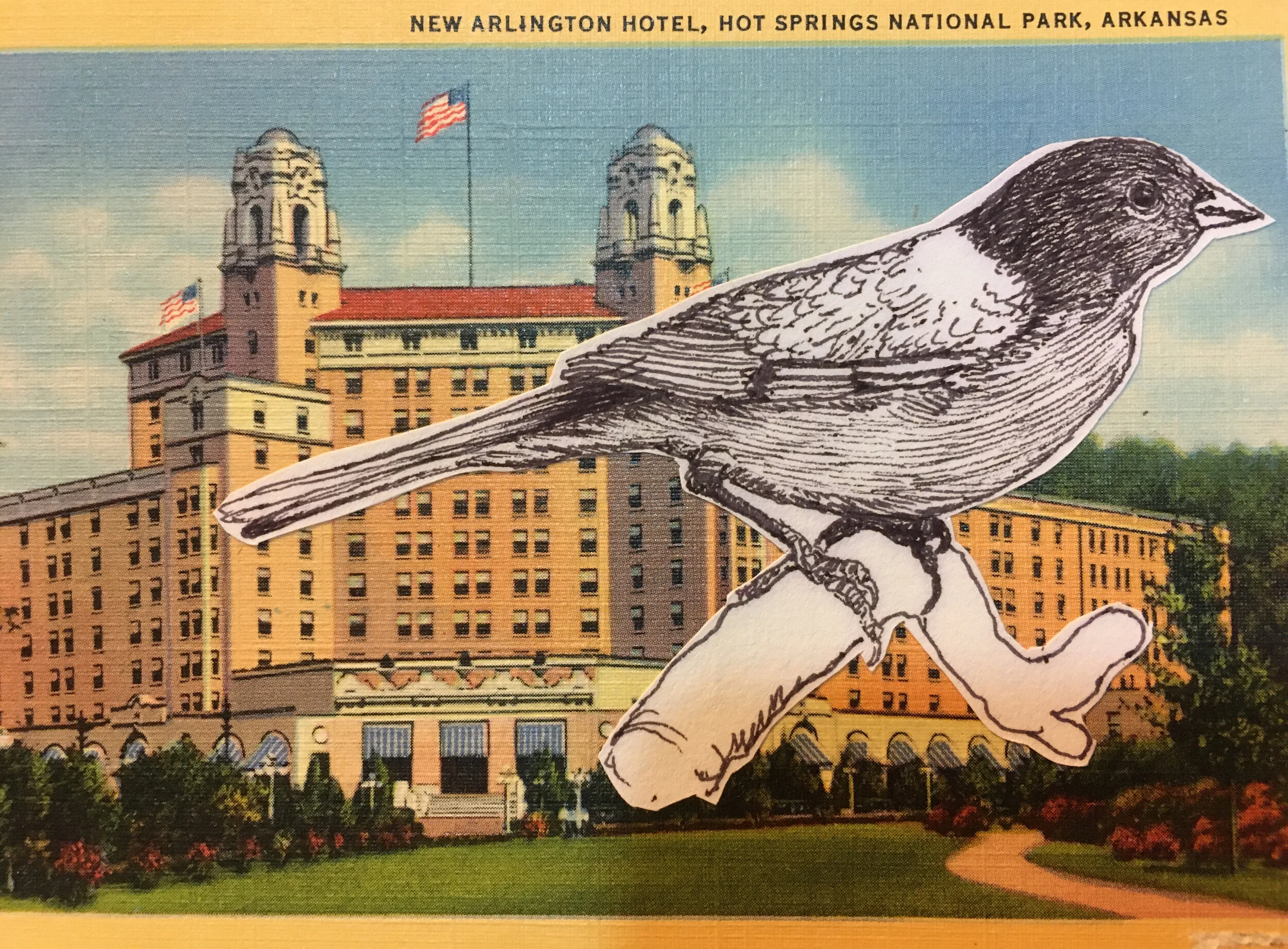  “Postcard - 01” collage, ink, postcard, h 3.5” x w 5.5”, 2020 