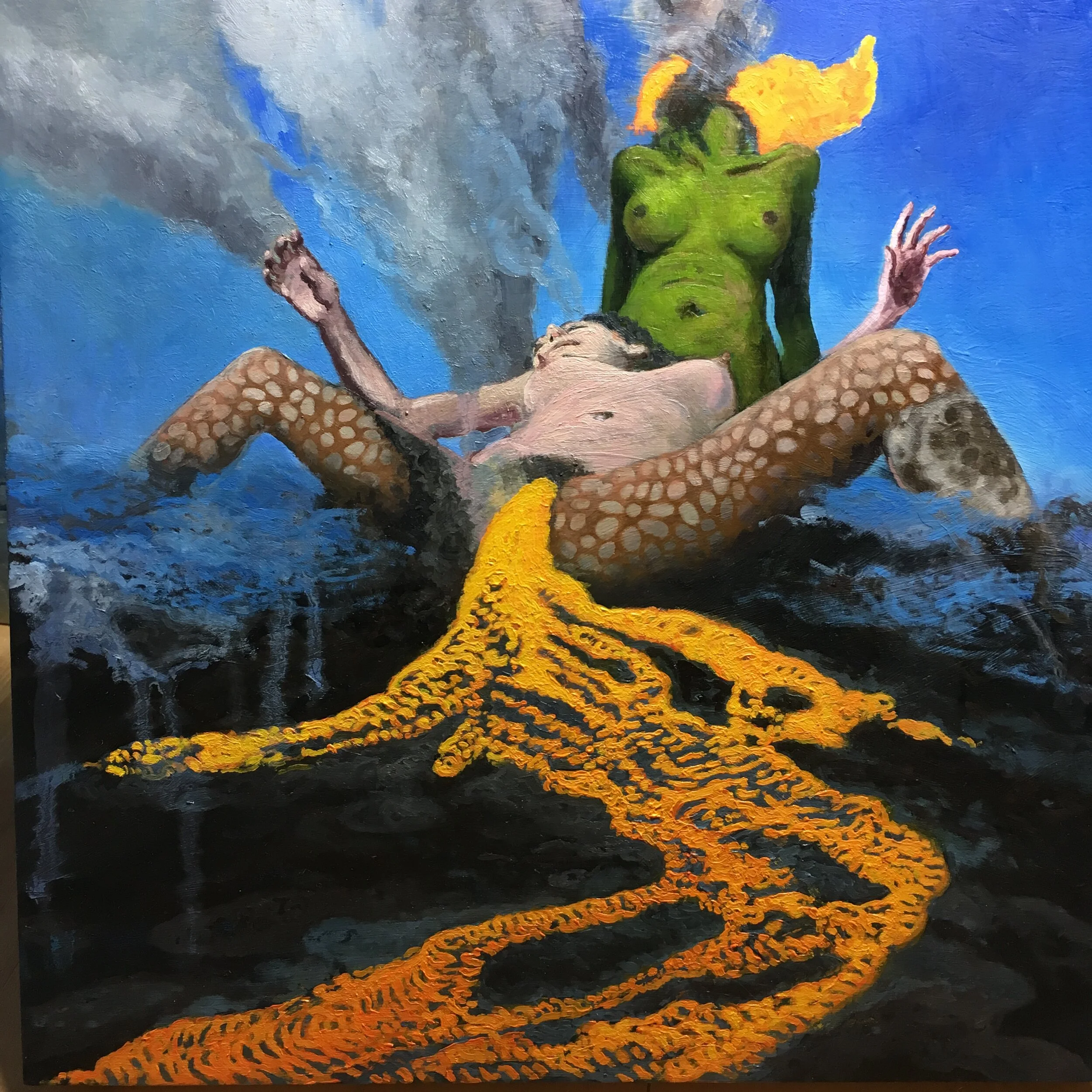  “Pelehonuamea Loves Hi’iakaikapoliopele” oil on wood, h 12” x w 12”, 2018 