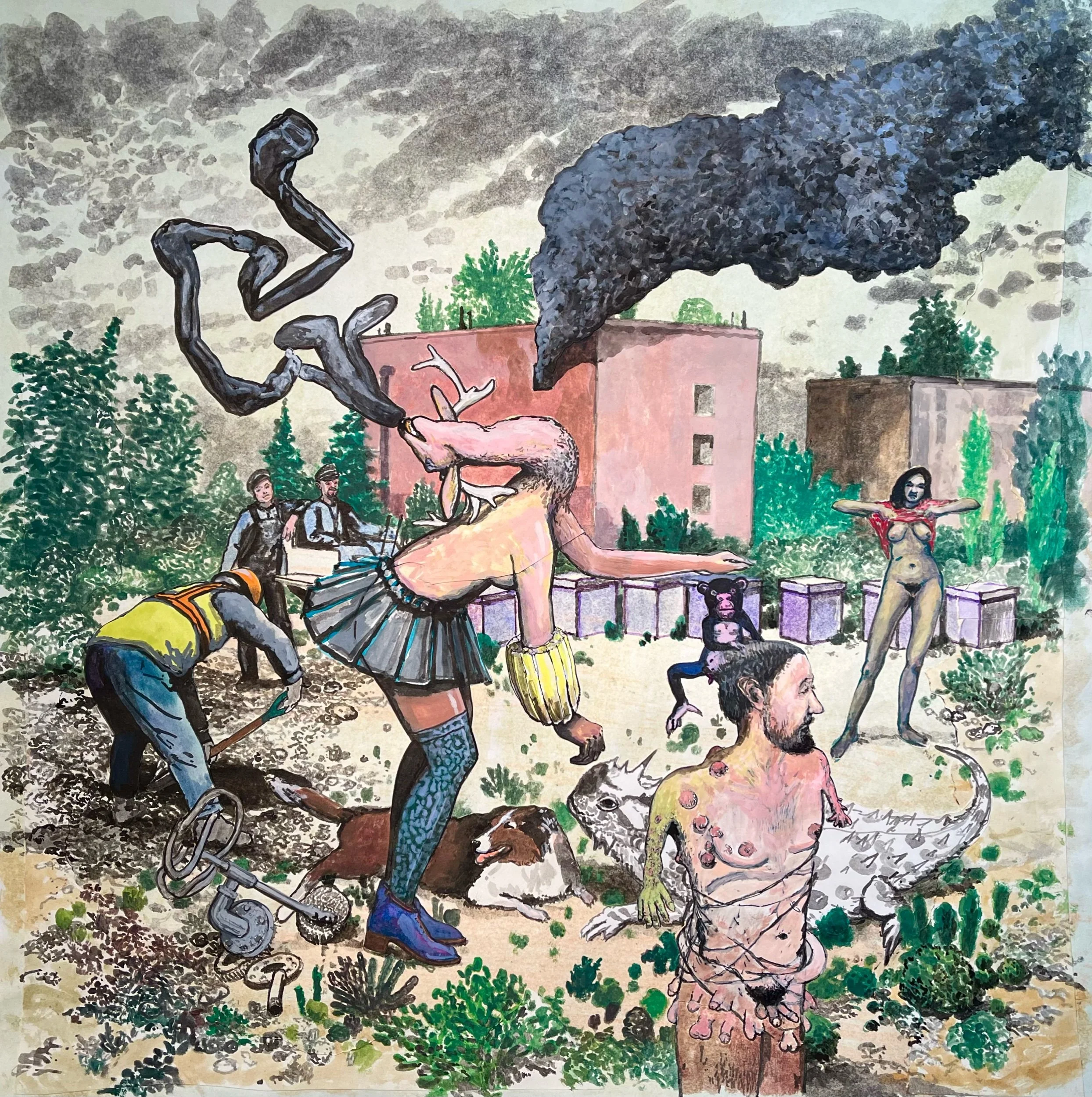  “Horny Toad Hunt” ink, gouache &amp; collage on paper, h 20” x w 20”, 2022 