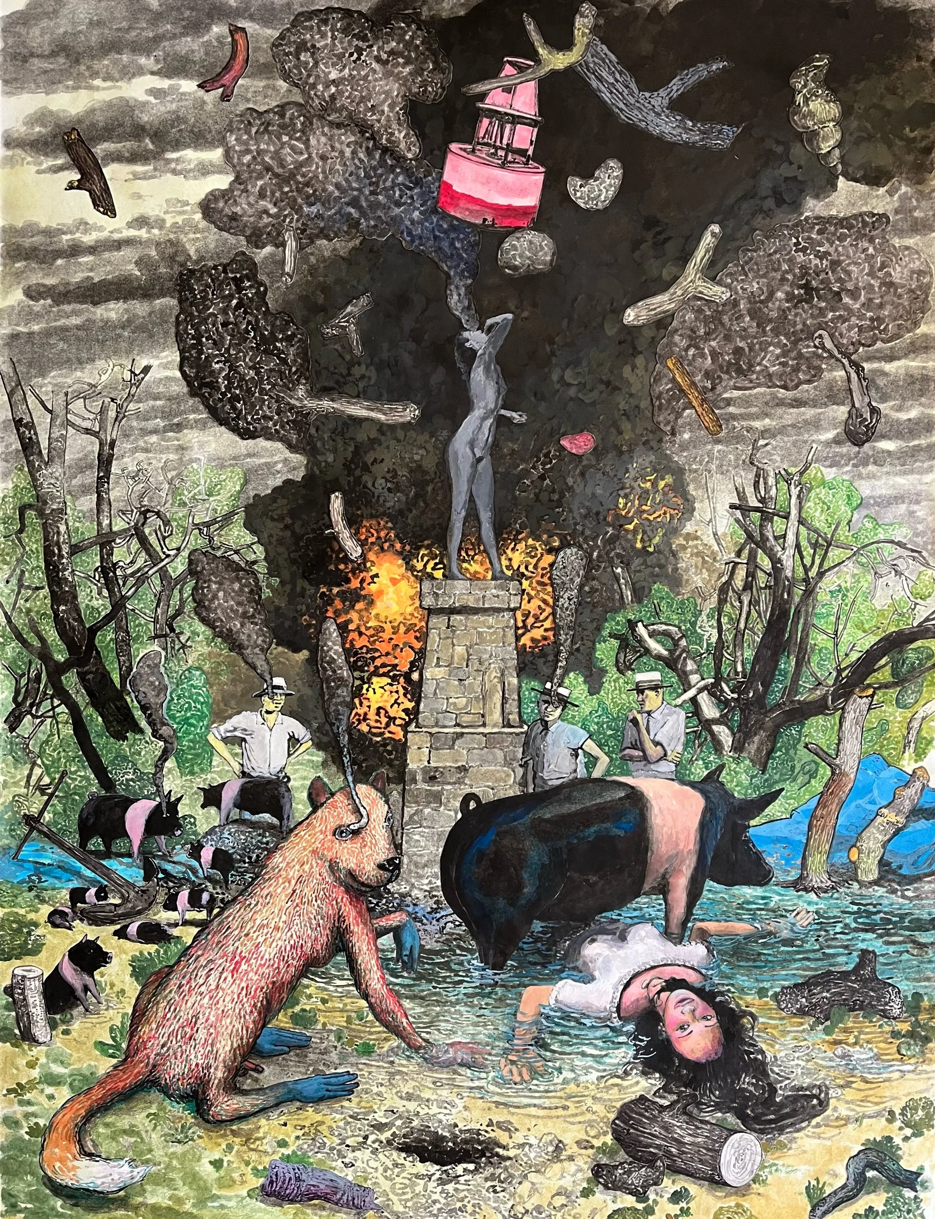  “Hog Show” ink, gouache &amp; collage on paper, h 32.25” x w 24.25”, 2022 