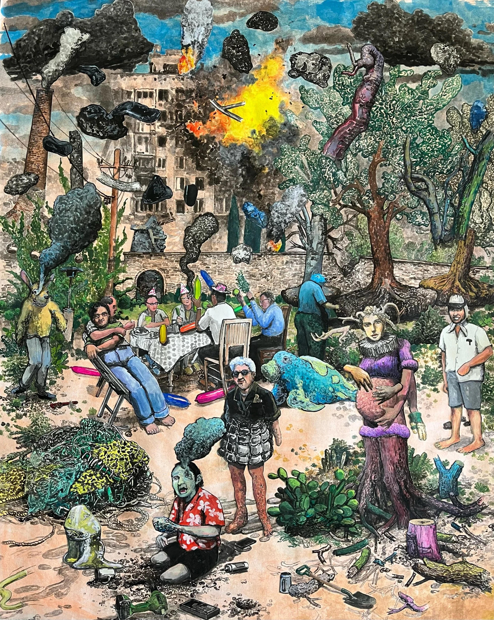  “Wartime Reunion” ink, gouache &amp; collage on paper, h 32.5” x w 26.5”, 2022 