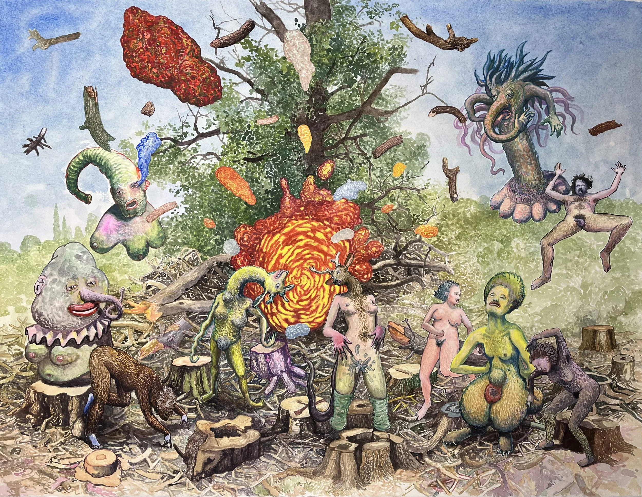  “Under The Tree” watercolor &amp; gouache on paper, h 22” x w 29”, 2023 
