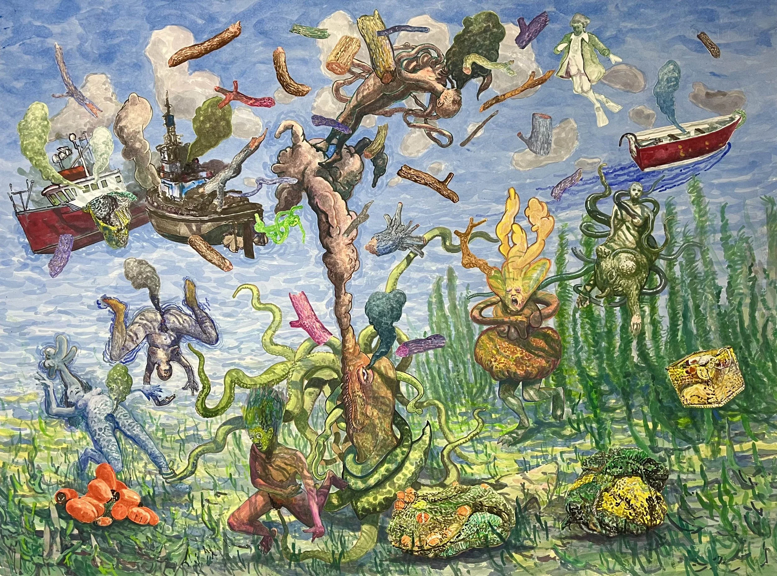  “Beneath The Waves” watercolor &amp; gouache on paper, h 22” x w 29”, 2023 
