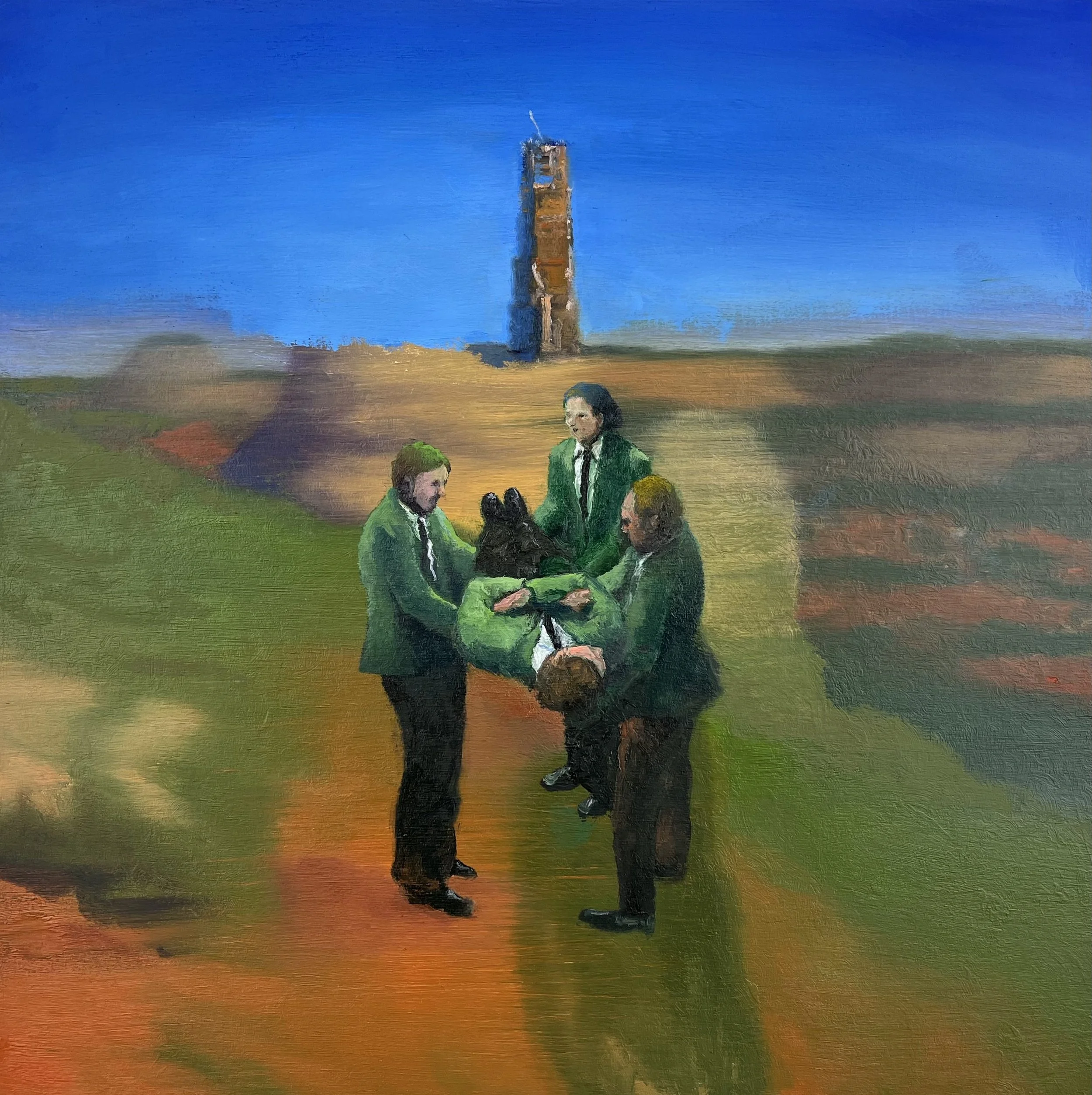 “The Politics of Stretcher-Bearers” oil on wood, h 12” x w 12”, 2024 