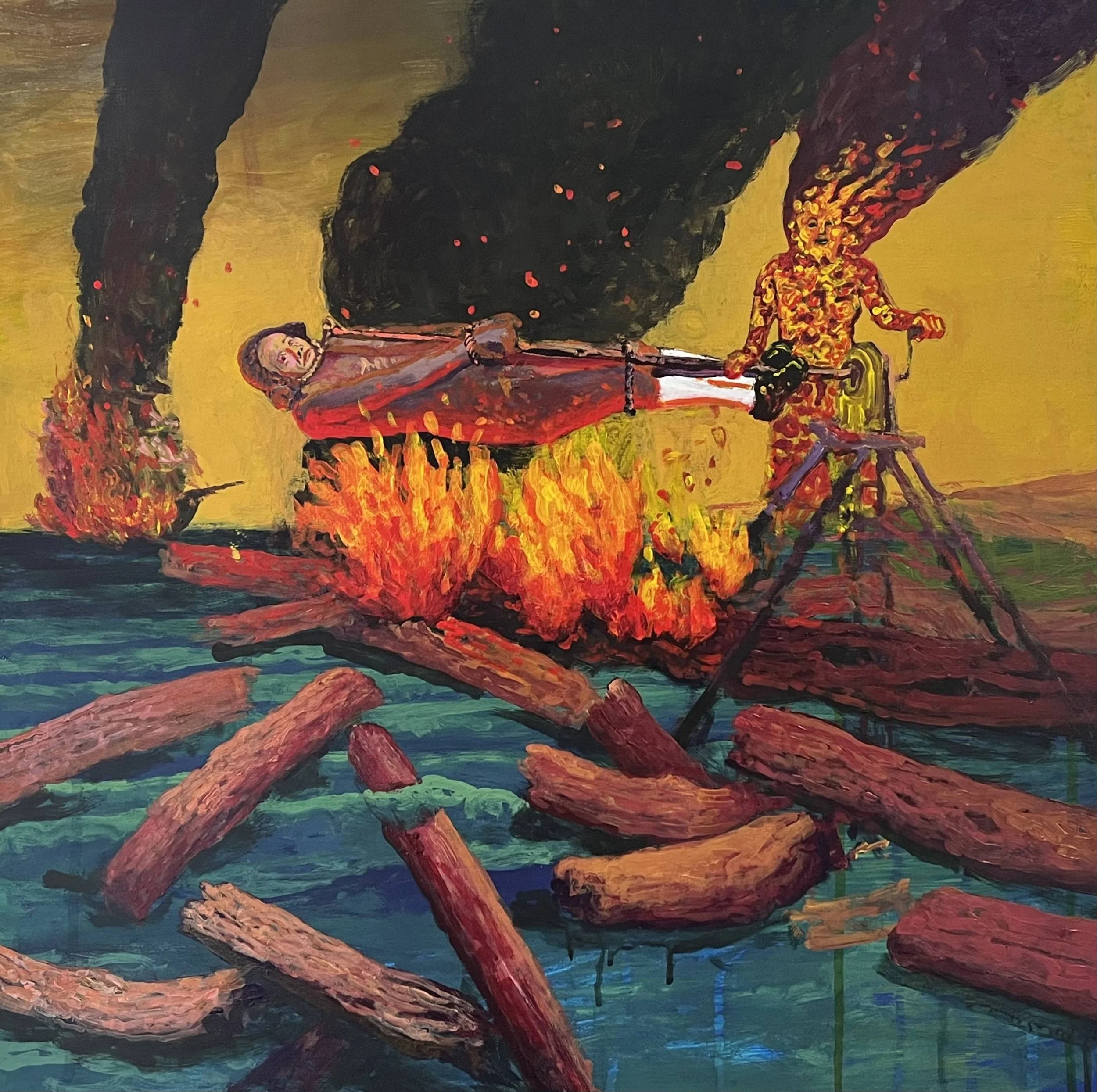  “Cooking Captain Cook” acrylic &amp; casein on wood, h 24” x w 24”, 2024 