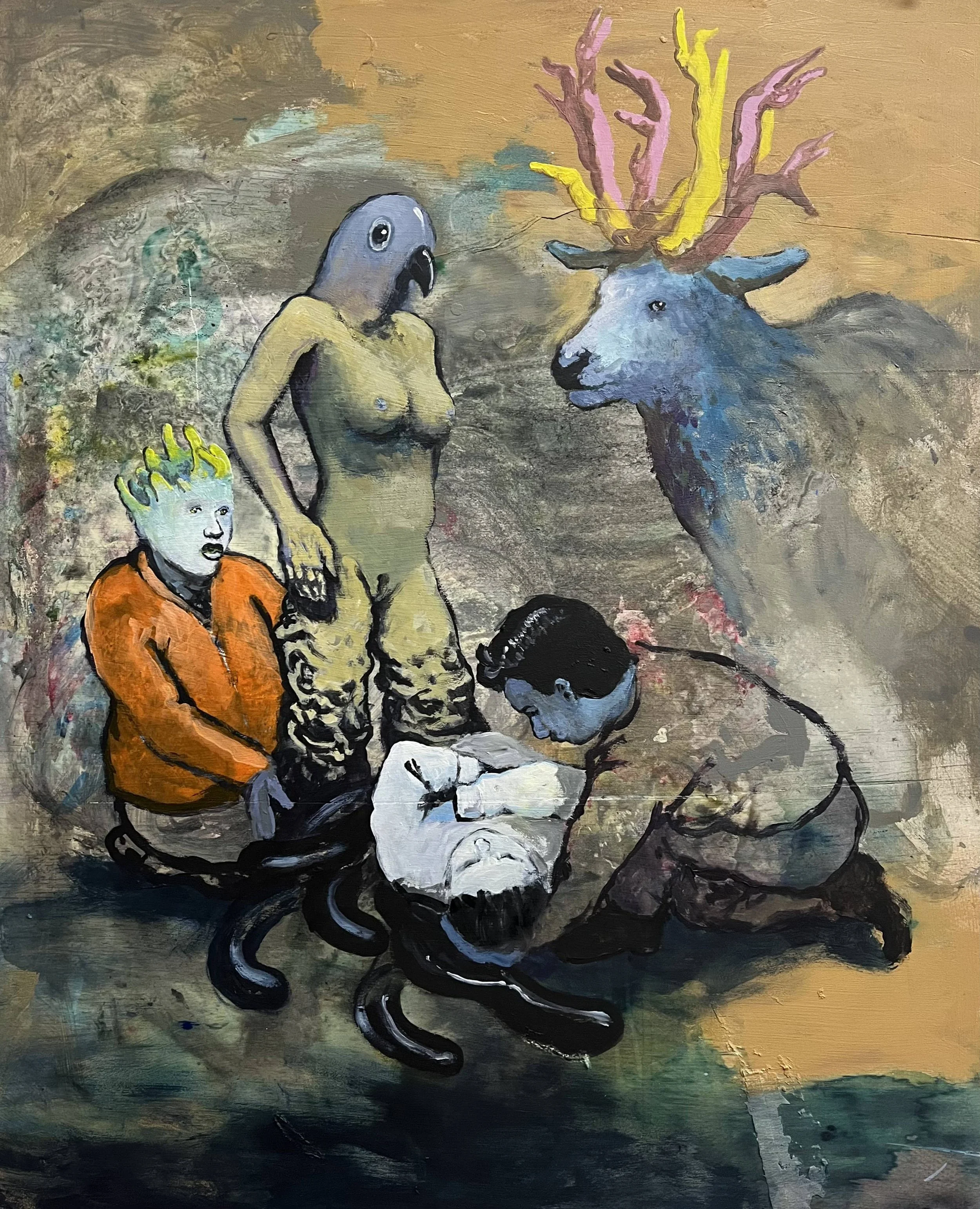  “Helping Hands” acrylic on found wood, h 26” x w 21”, 2024 