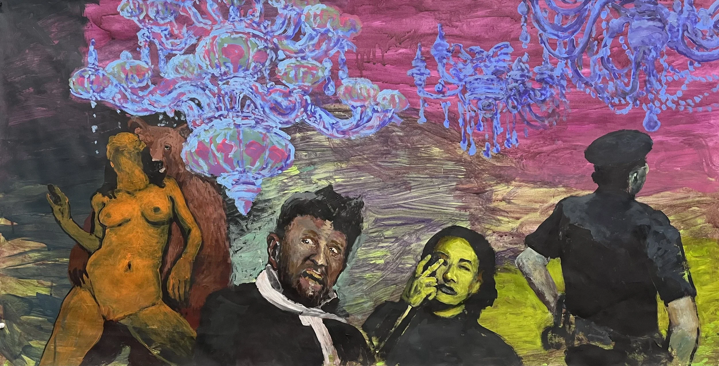  “Who Let That Damn Bear In Her Again?” acrylic on paper, h 25” x w 48”, 2024 