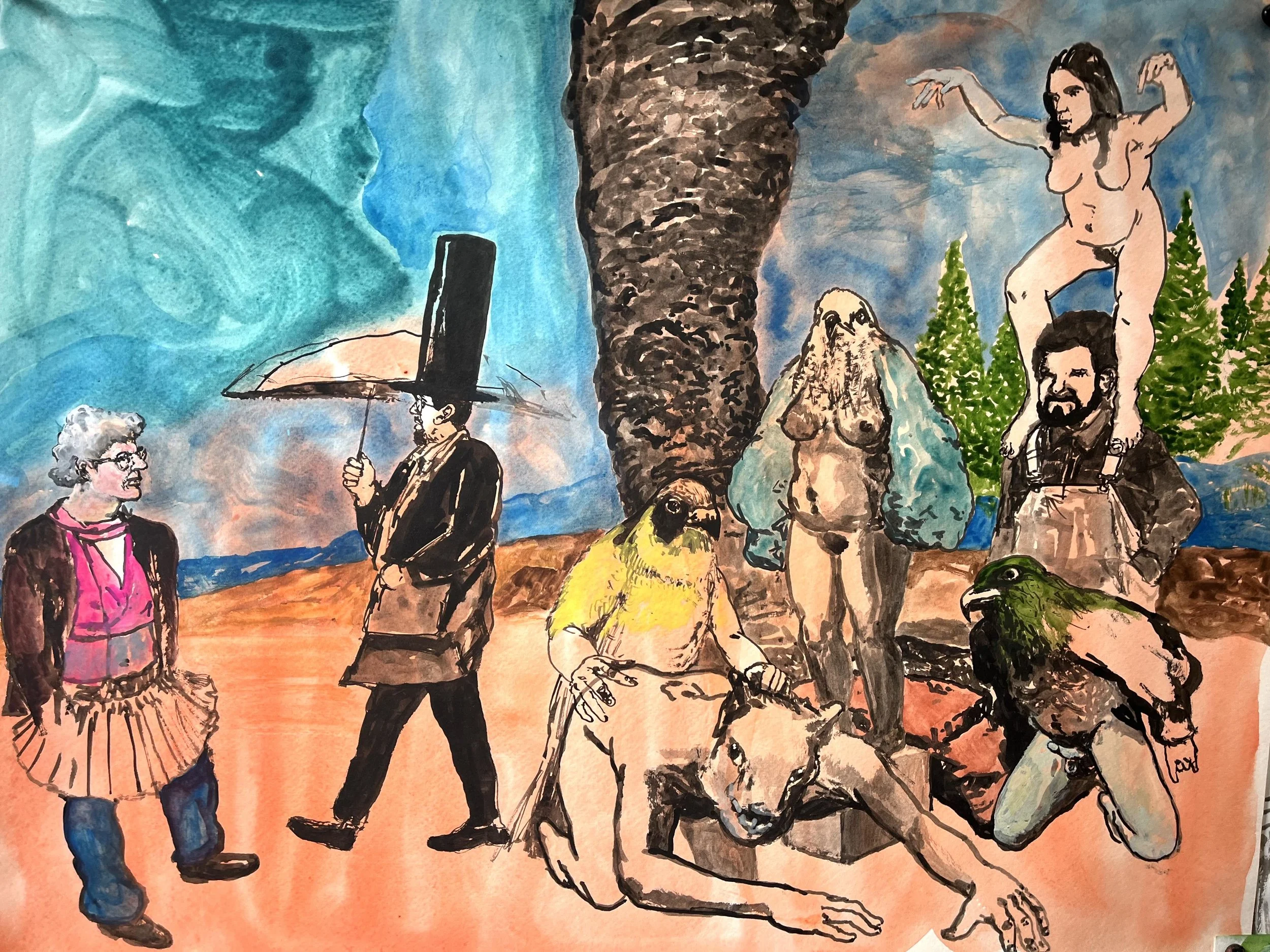  “Park Day” ink &amp; gouache on paper, h 18” x w 24”, 2024 