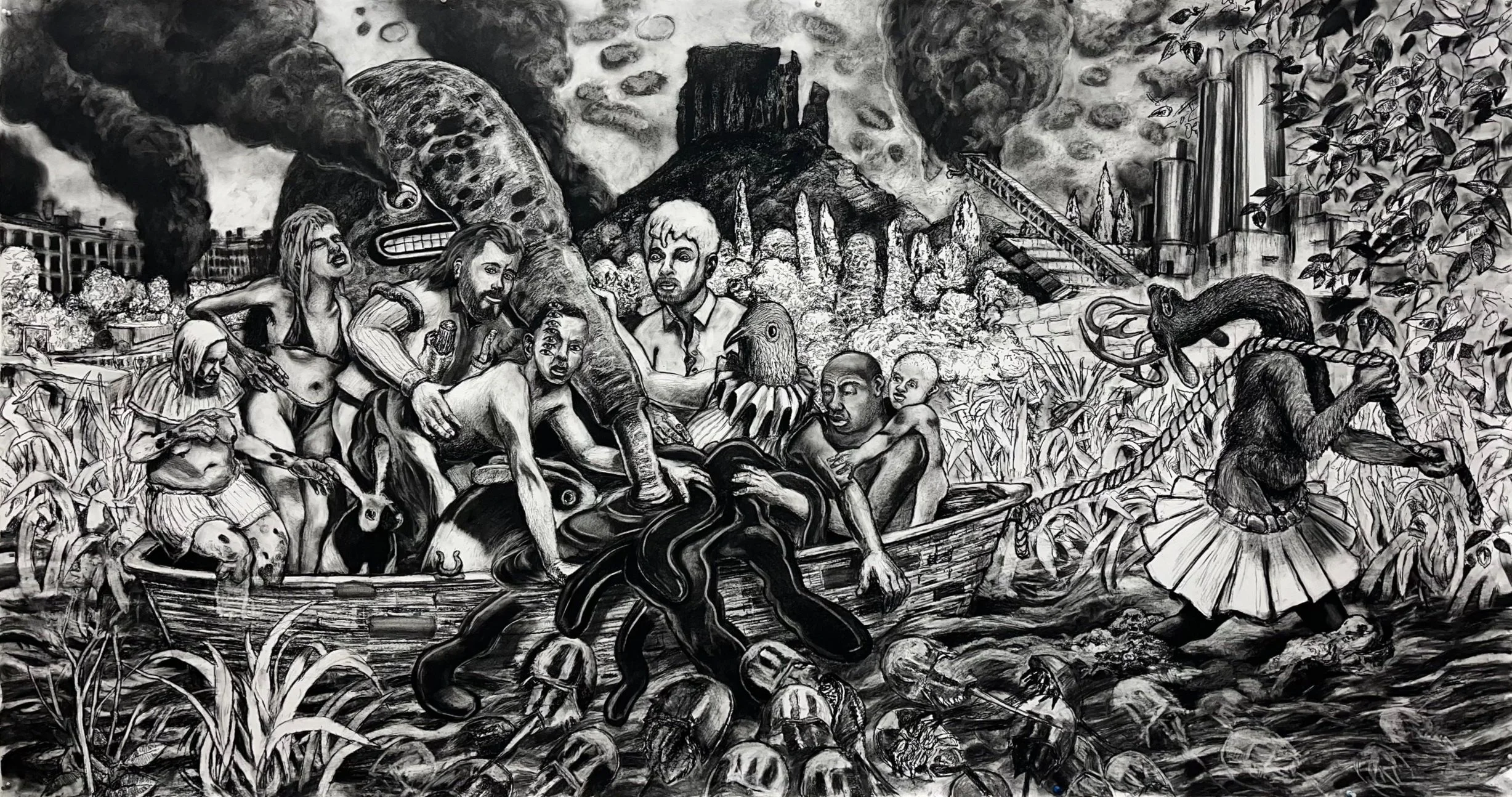  “Boat People” charcoal on paper, h 48” x w 91”, 2024 