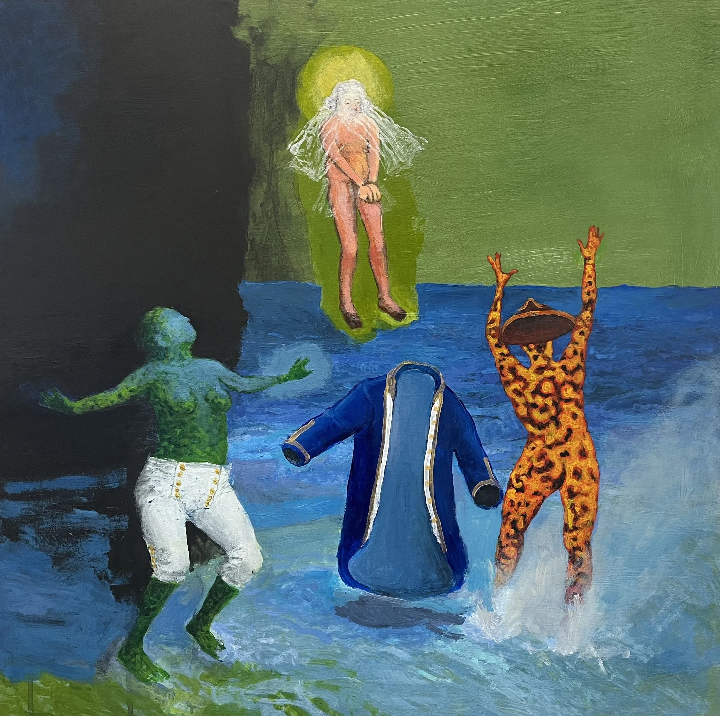  “Captain Cook’s Clothes” acrylic &amp; casein on wood, h 24” x w 24”, 2024 