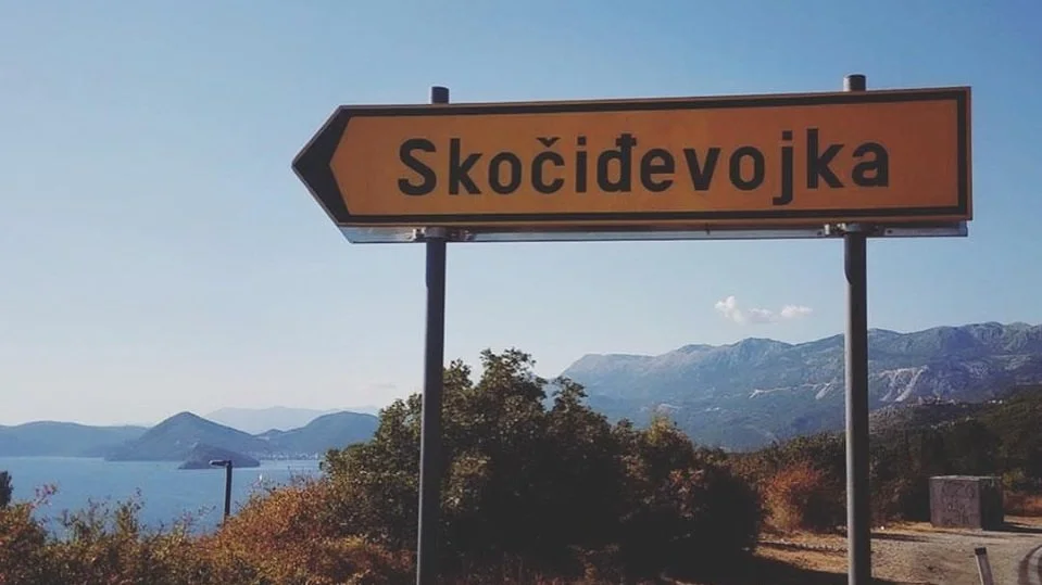 Skočiđevojka viewpoint sign near Reževići and Budva, Montenegro