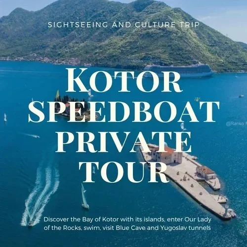 Private speedboat tour in the Bay of Kotor with scenic coastal views and mountains in Montenegro.