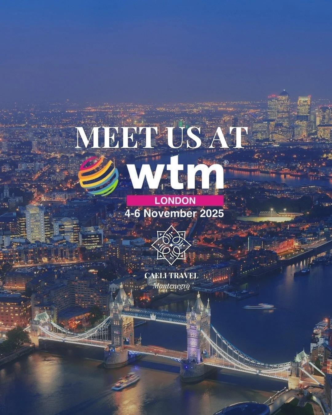 Caeli Travel DMC will be at WTM London 2025! 

We&rsquo;re excited to meet industry partners and present authentic, tailor-made travel programs across Montenegro.

Book a meeting and let&rsquo;s build outstanding journeys together.
📅 4&ndash;6 Novem