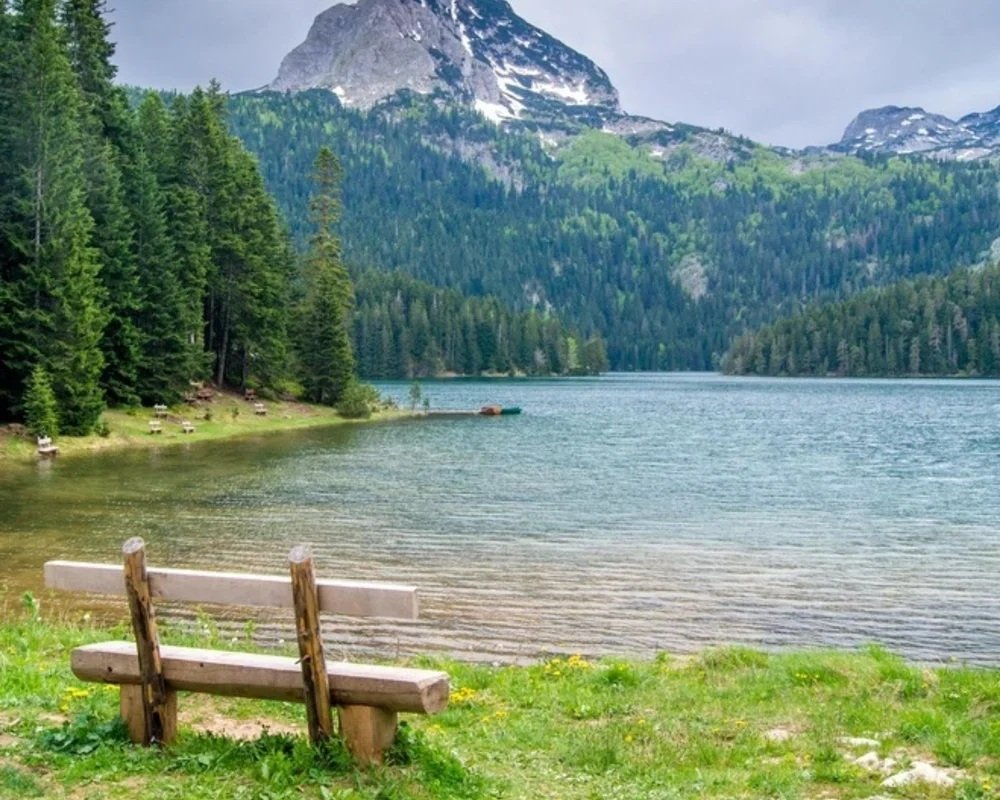 Bench overlooking Crno Jezero in Durmitor National Park, Montenegro.