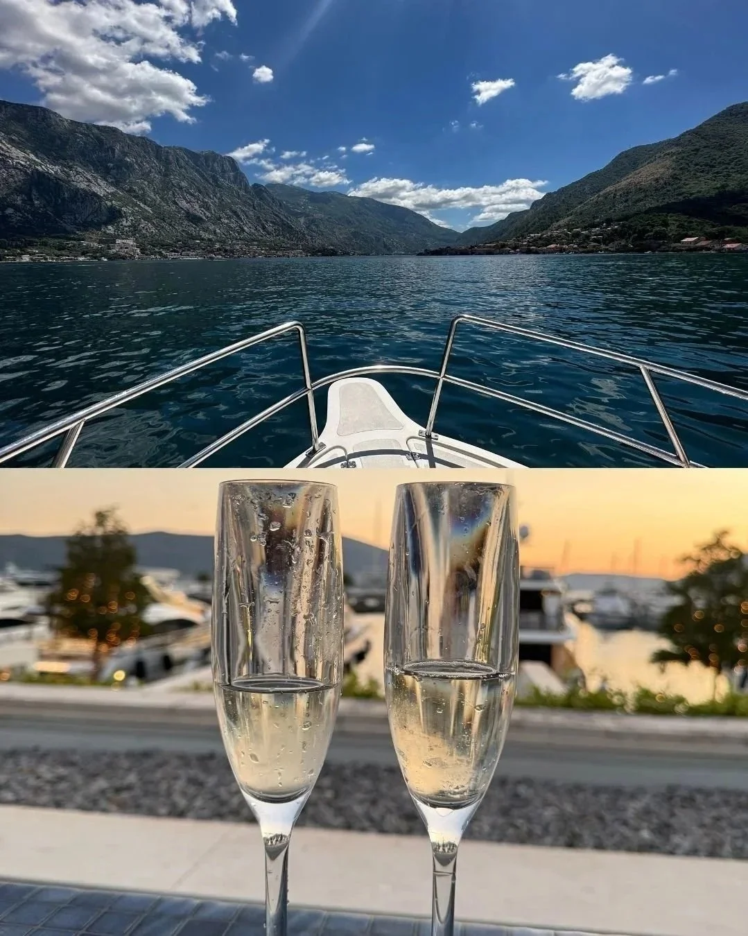 Boat view of the coast and glasses of wine in Montenegro