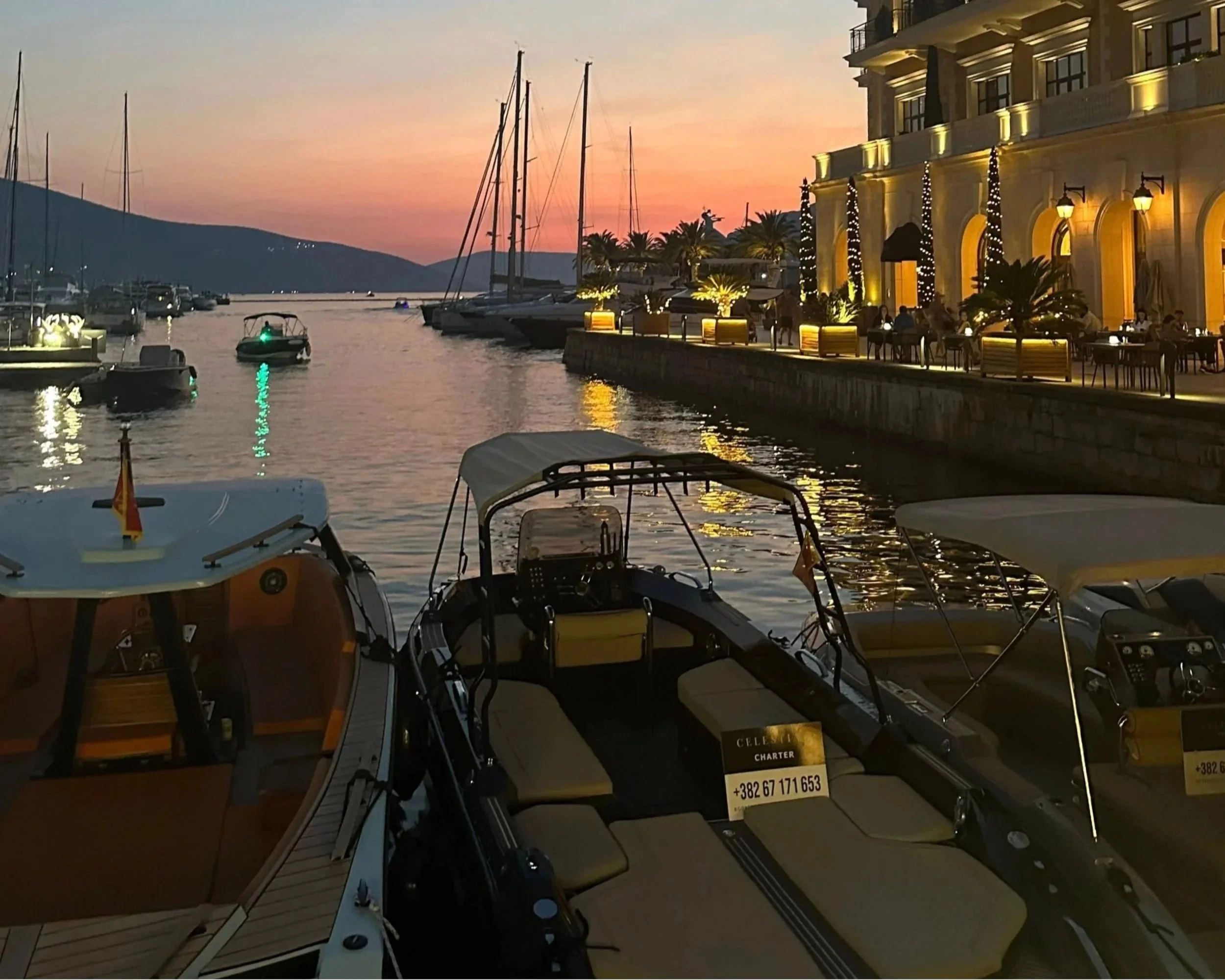 Sunset over Porto Montenegro marina in Tivat, Montenegro.