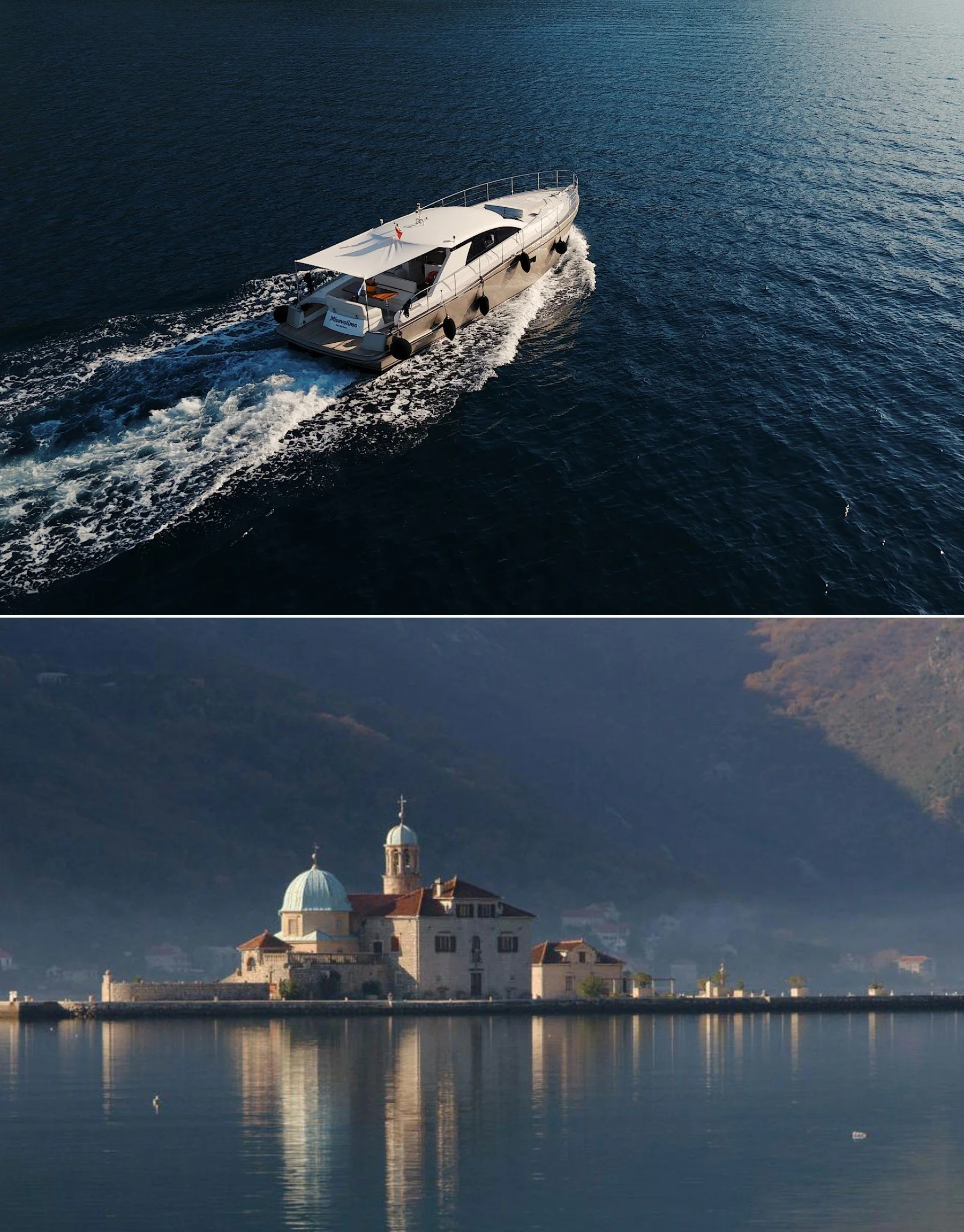 Private yacht near Our Lady of the Rocks Perast Montenegro.