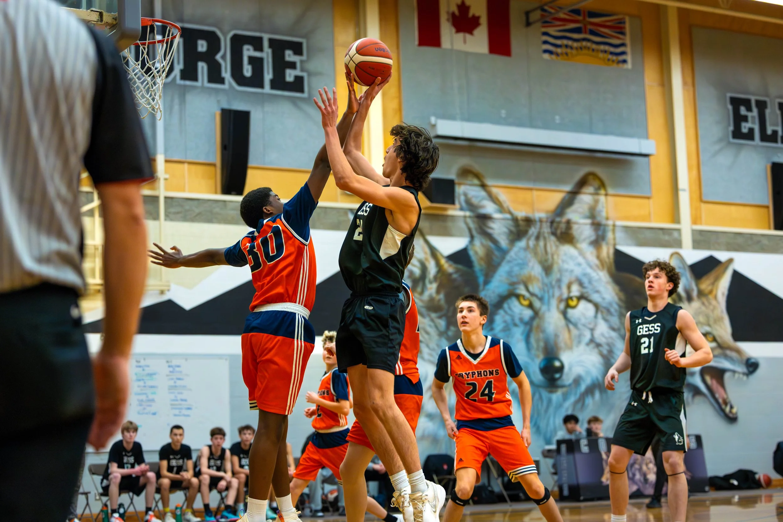 Young basketball players in a game, with one player jumping to block a shot while another attempts to score near the basket. A large wolf mural is seen in the background of the gym.