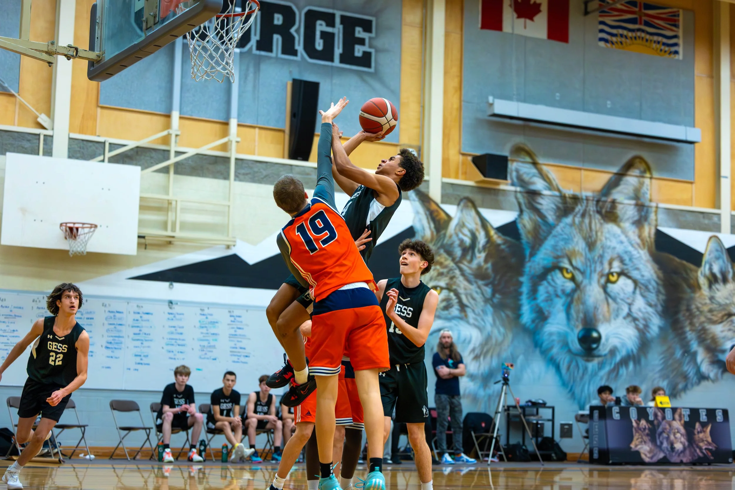 Young basketball players playing in an indoor gymnasium, with one player attempting a shot while others defend. The background features a large mural of a wolf and the word 'FORGE' on the wall.