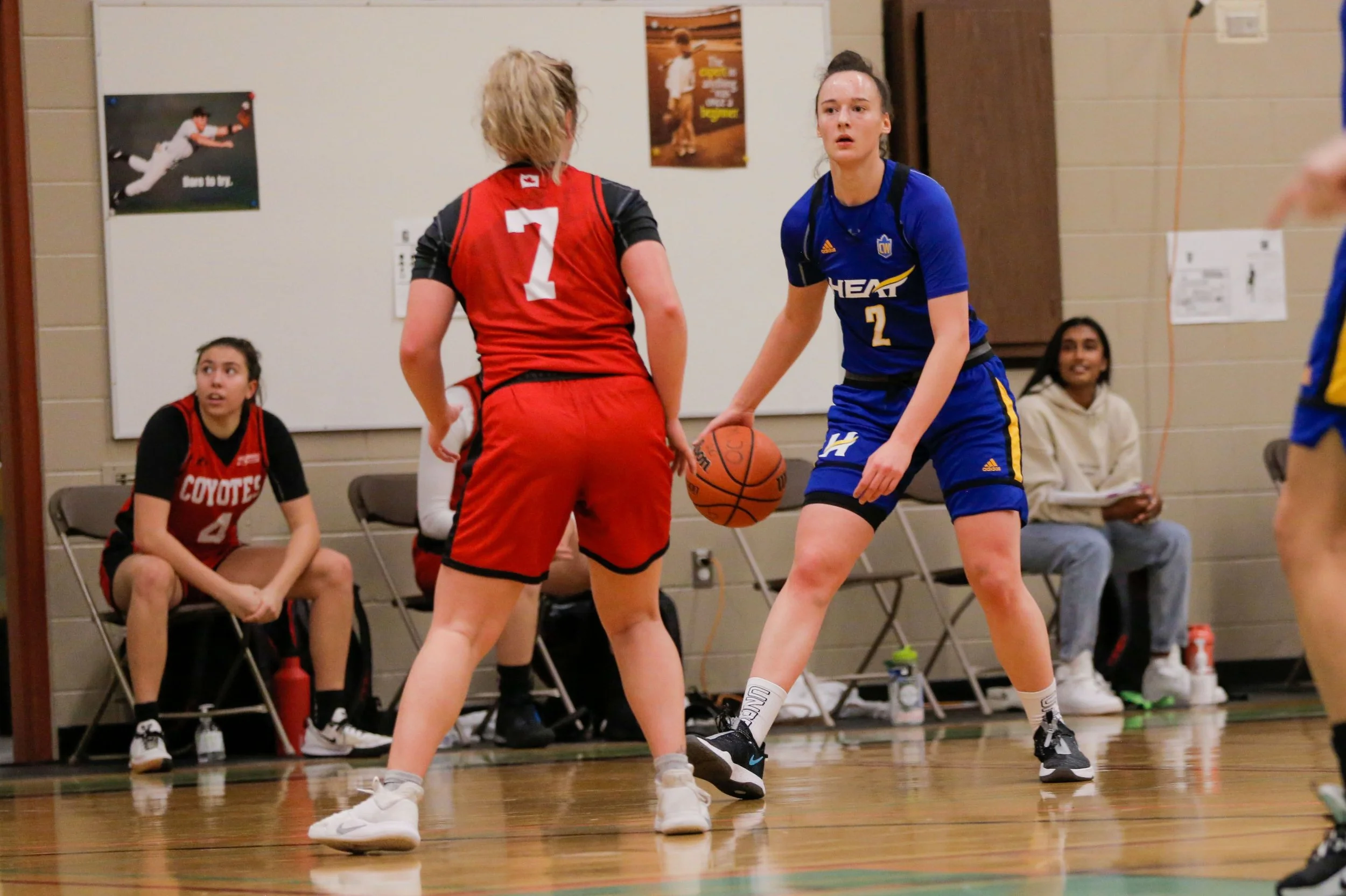 A girls' basketball game with two players in red and blue jerseys, with the player in blue holding a basketball. Two women are sitting on chairs on the sidelines watching the game.