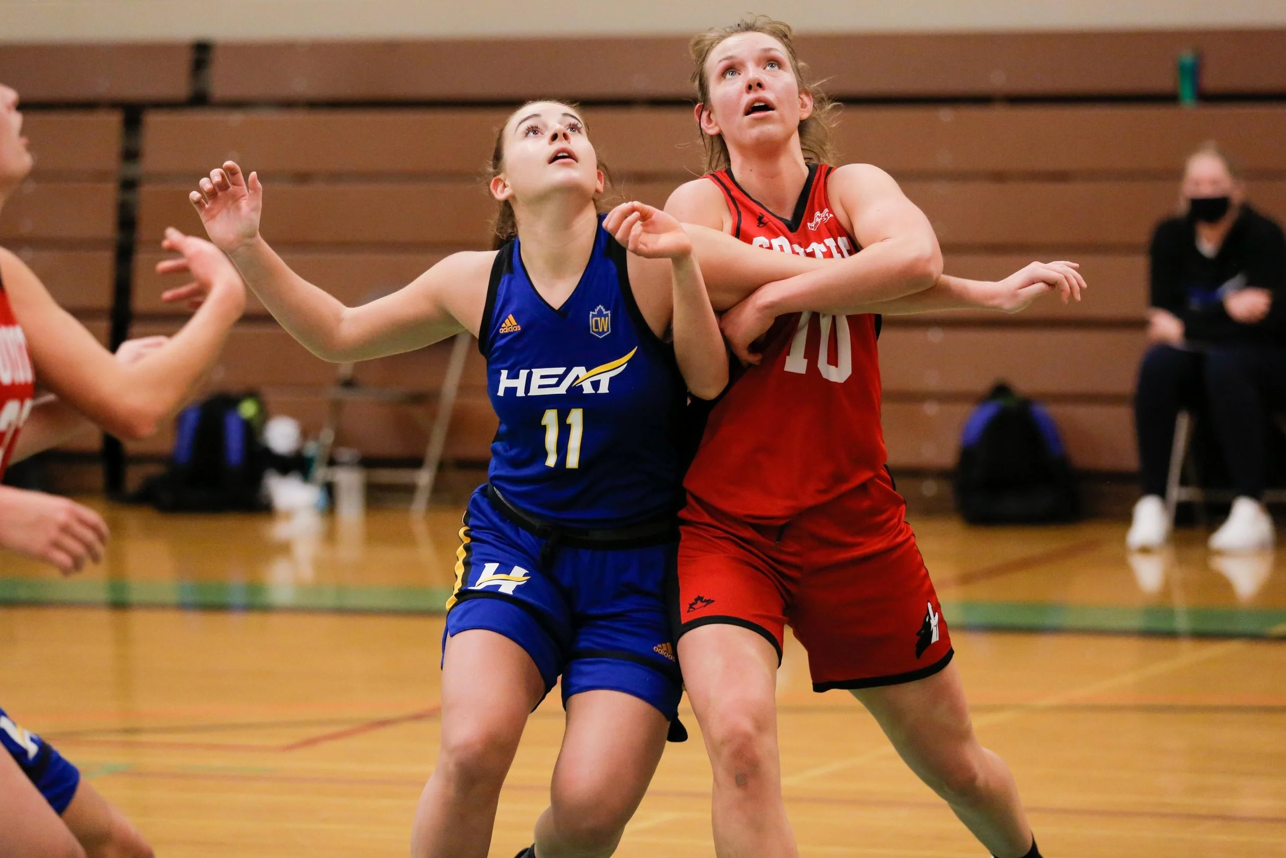 Two female basketball players contest a rebound in a gymnasium, one in a blue uniform with the number 11, the other in a red uniform with the number 10, both looking upward with intent.