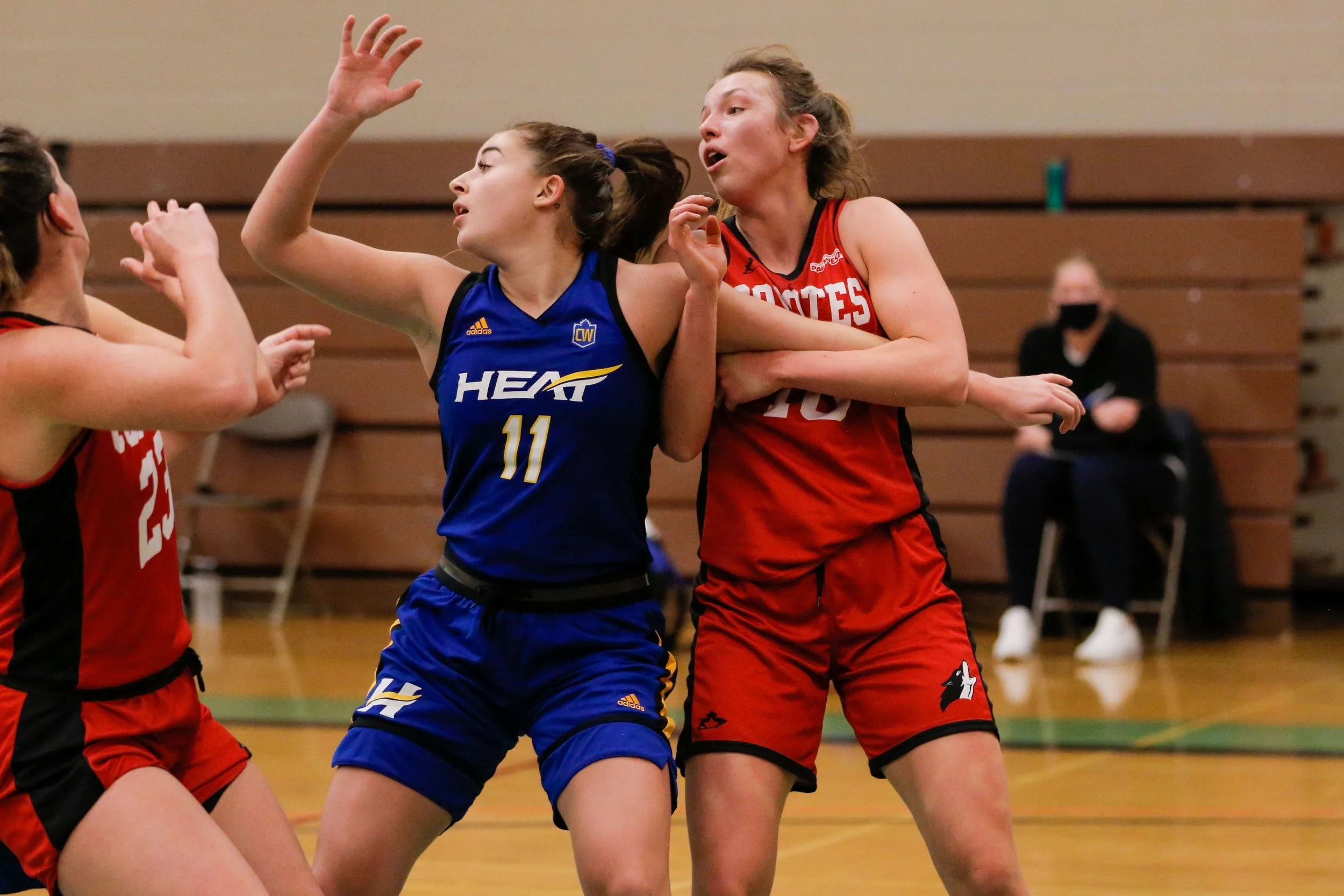Women’s basketball game showing players in red and blue jerseys fighting for position on the court.